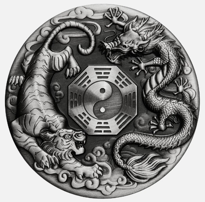 2021 Dragon & Tiger with Bagua 2oz Silver Antiqued Coin