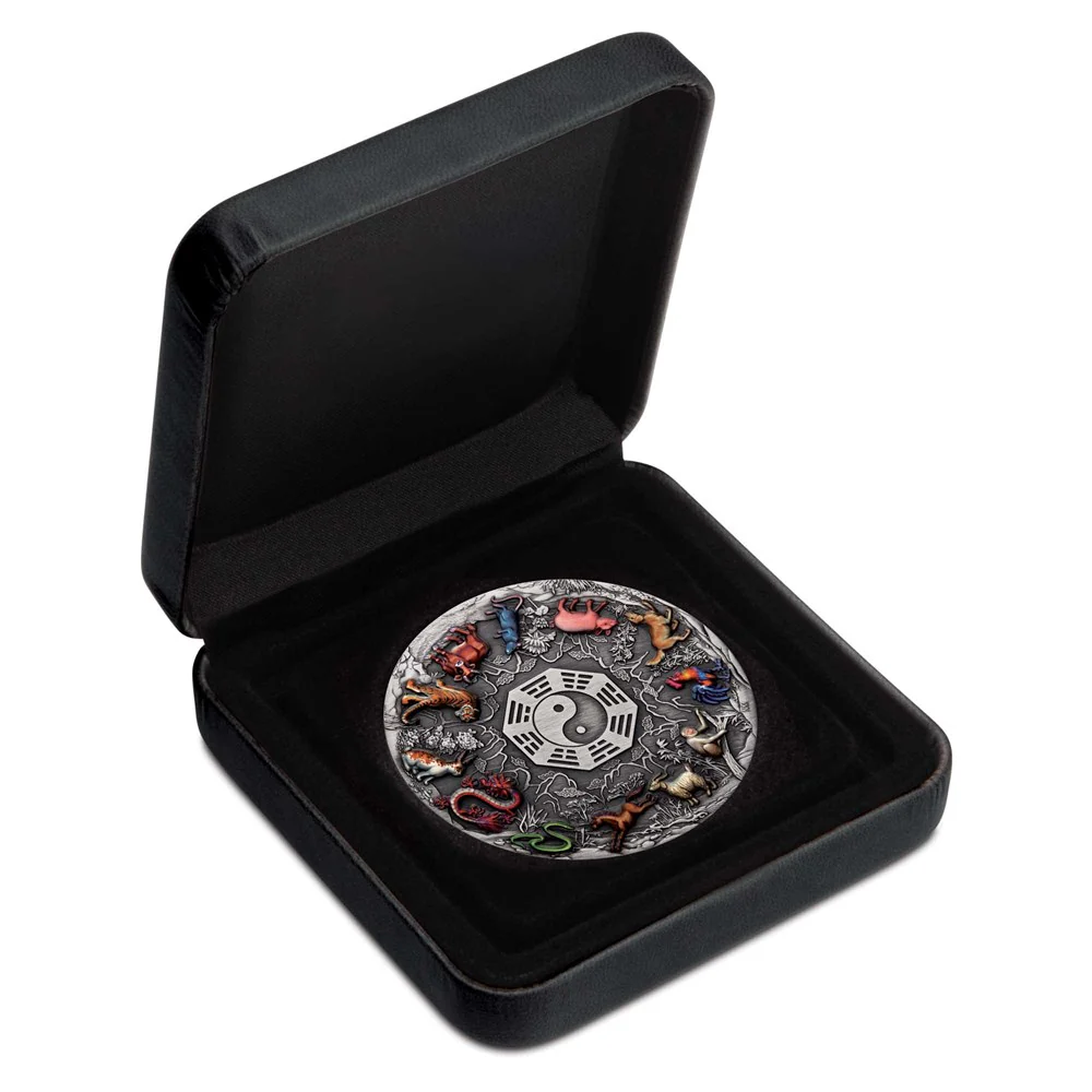 2022 12 Lunar Animals 5oz Silver Antiqued Coloured Coin - Image 2