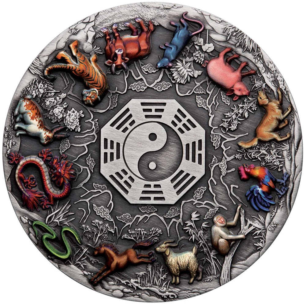 2022 12 Lunar Animals 5oz Silver Antiqued Coloured Coin - Image 4