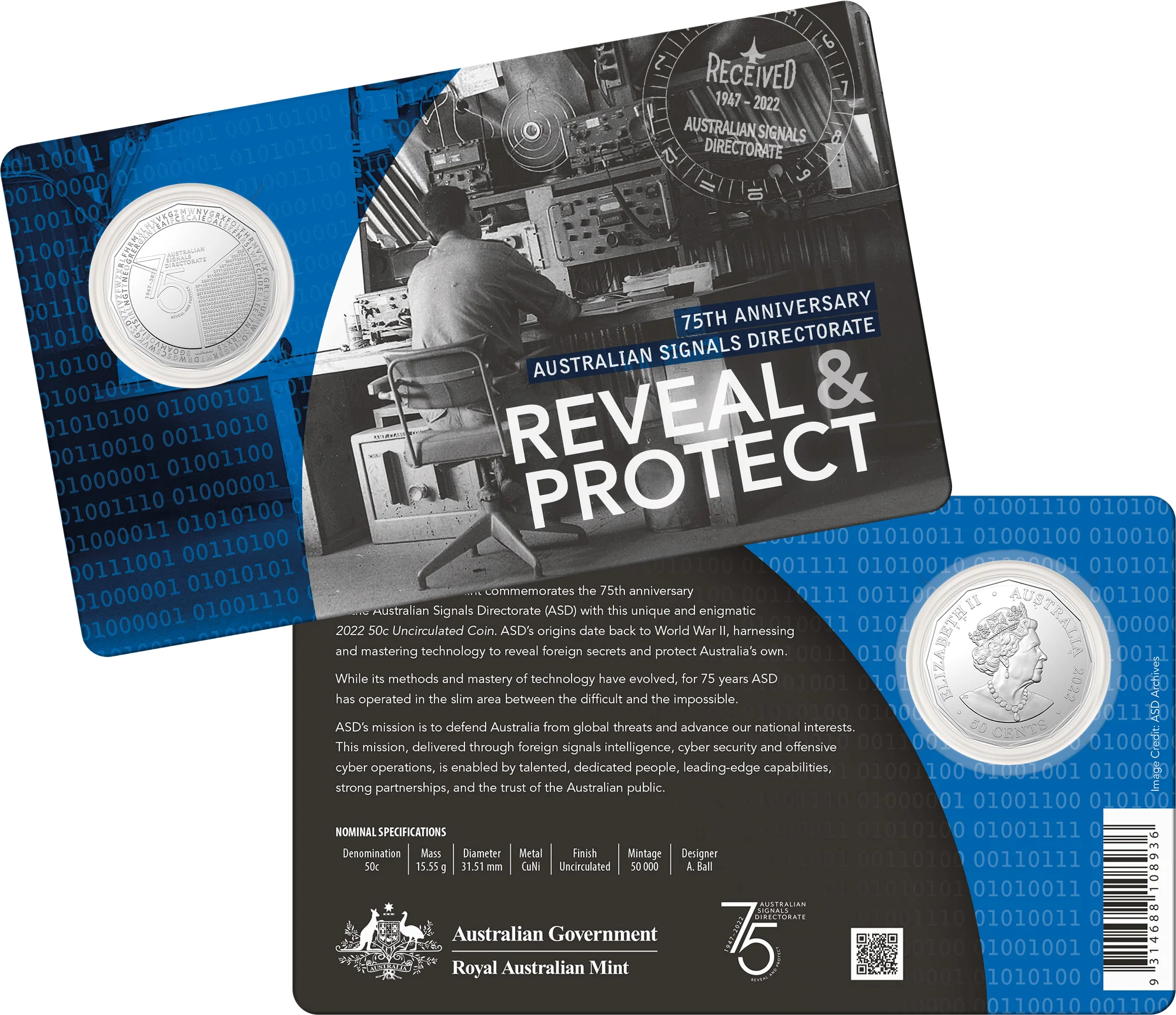 2022 75th anniversary of the Australian Signals Directorate 50c Coin in Card
