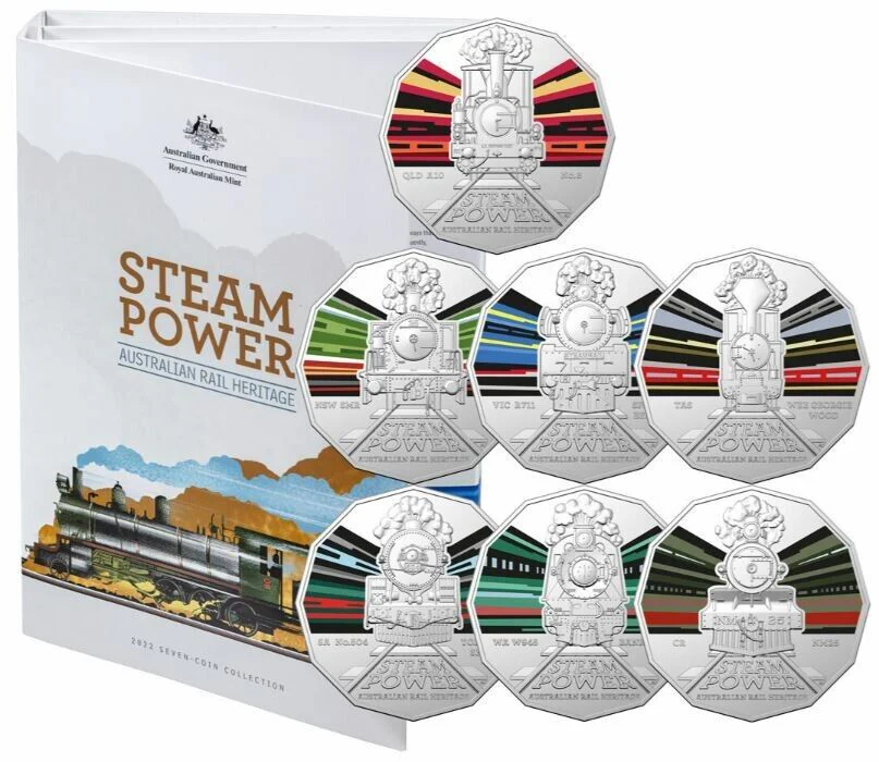 2022 Australian Steam Trains 50c Coin - Complete 7 Coin Set with folder