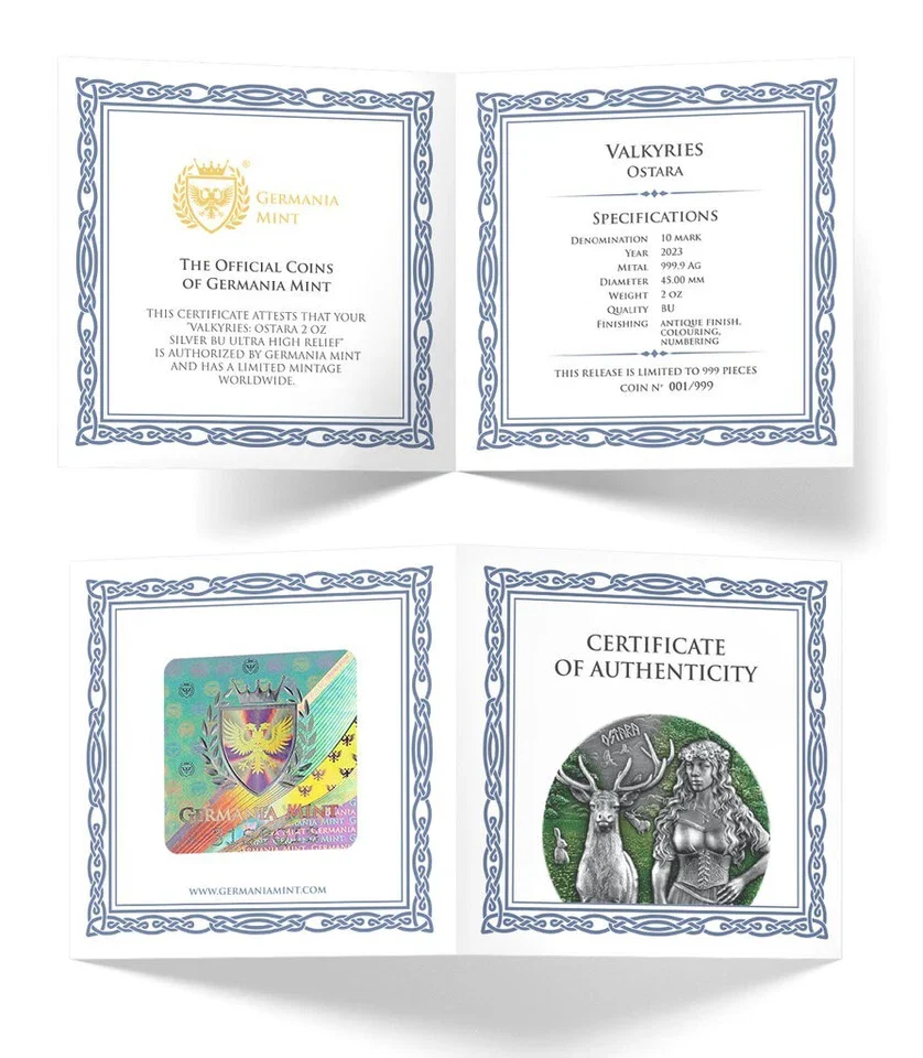 2023 10 Mark Valkyries Ostara Ultra High Relief Germania Mint 2oz Silver Coin - Image 5