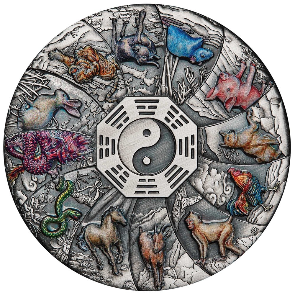 2023 12 Lunar Animals 5oz Silver Antiqued Coloured Coin - Image 2