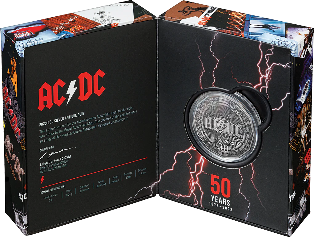 2023 50th Anniversary of ACDC 50c Silver Antiqued Coin