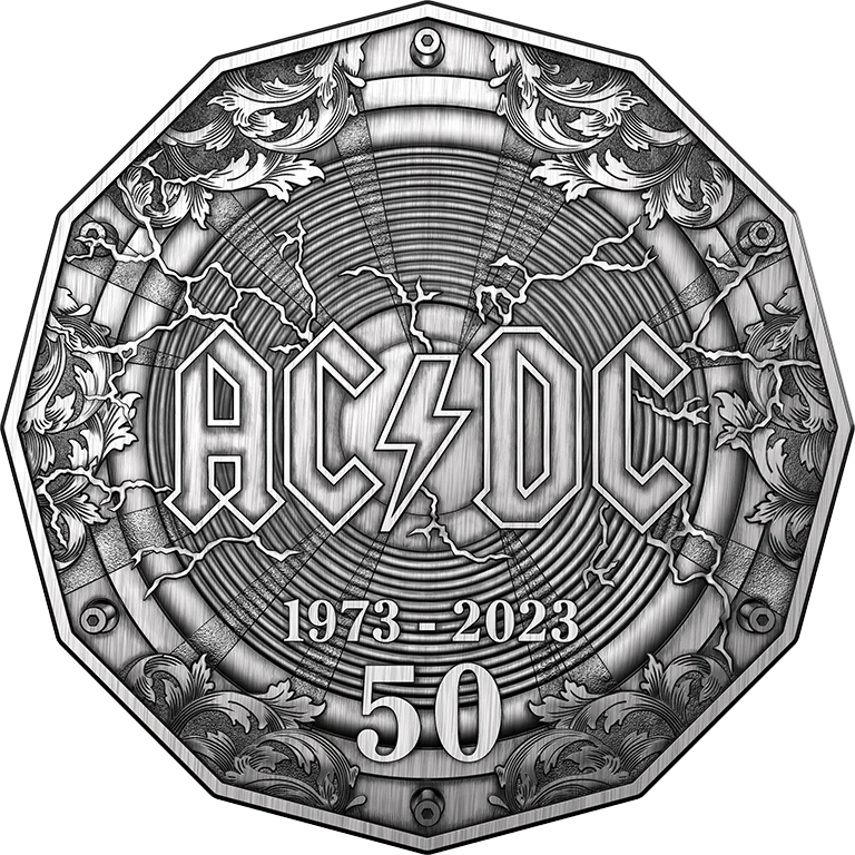 2023 50th Anniversary of ACDC 50c Silver Antiqued Coin - Image 3