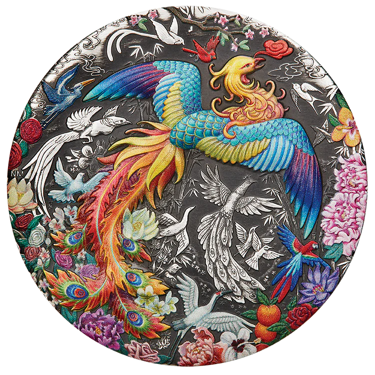 2023 5oz Phoenix and Birds Silver Antiqued Coloured Coin