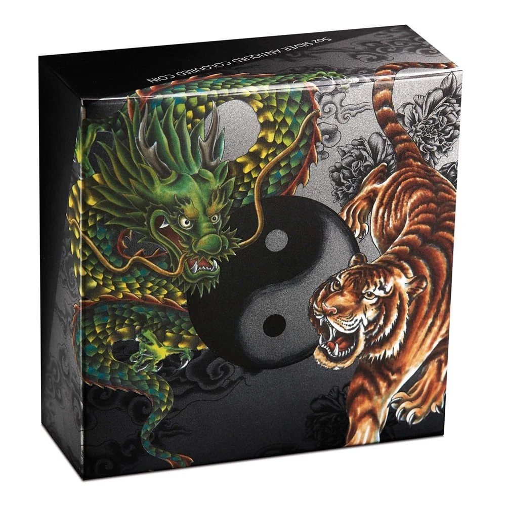 2023 Double Dragon and Double Tiger with Yin Yang 5oz Silver Antiqued Coloured Coin - Image 2