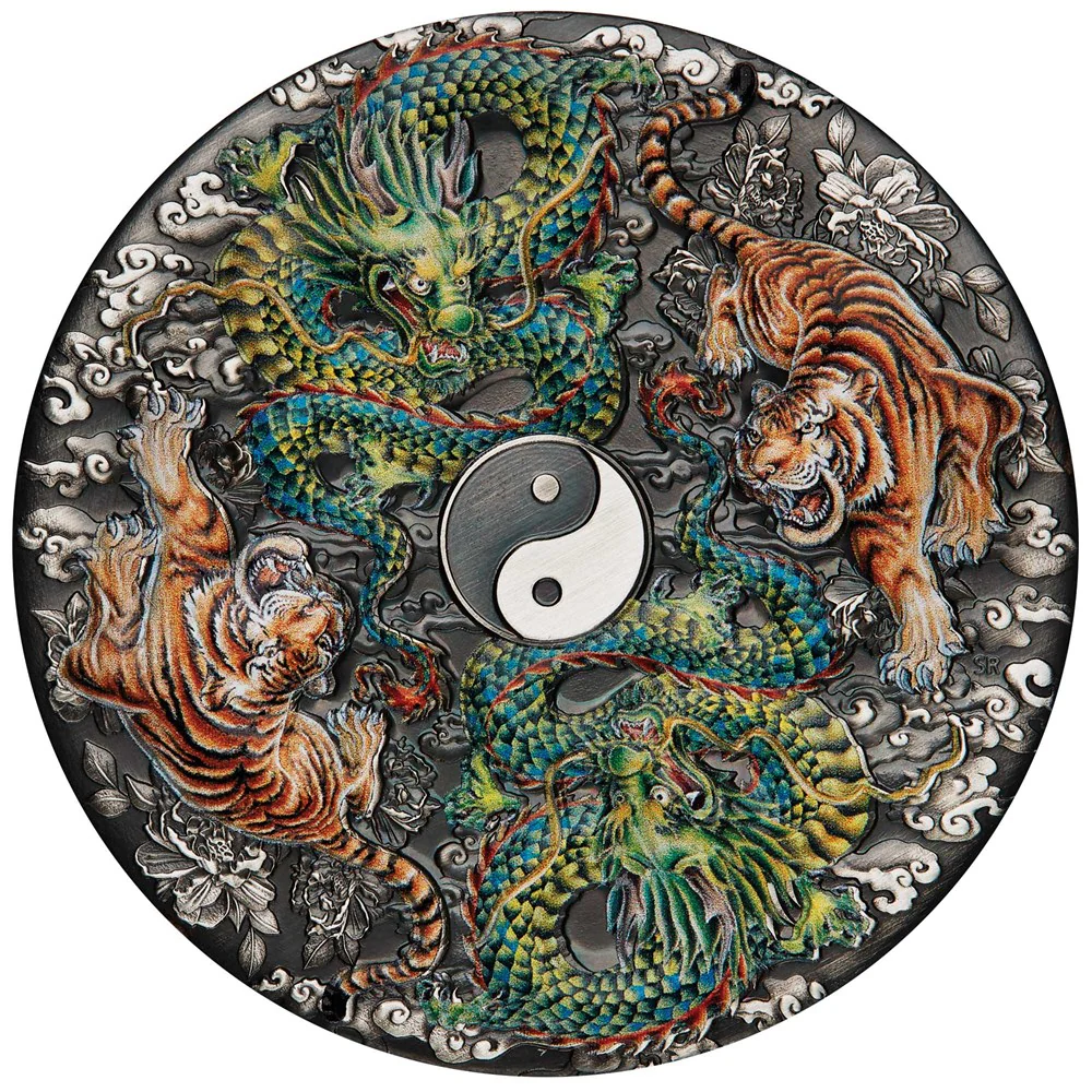 2023 Double Dragon and Double Tiger with Yin Yang 5oz Silver Antiqued Coloured Coin - Image 4