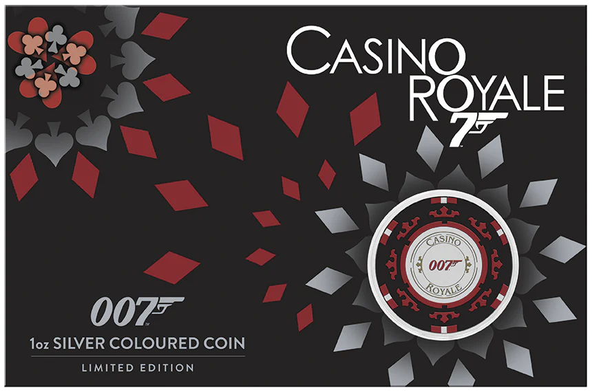 2023 James Bond Casino Royale Casino Chip 1oz Silver Coloured Perth Mint Coin in Card