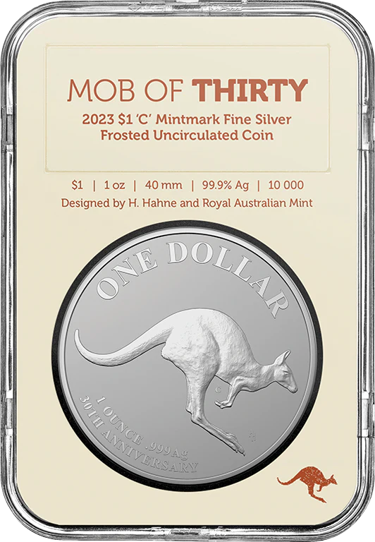 2023 Kangaroo Series 30th Anniversary – Mob of Thirty $1 1 oz ‘C’ Mintmark Fine Silver Frosted Uncirculated Coin - Image 2