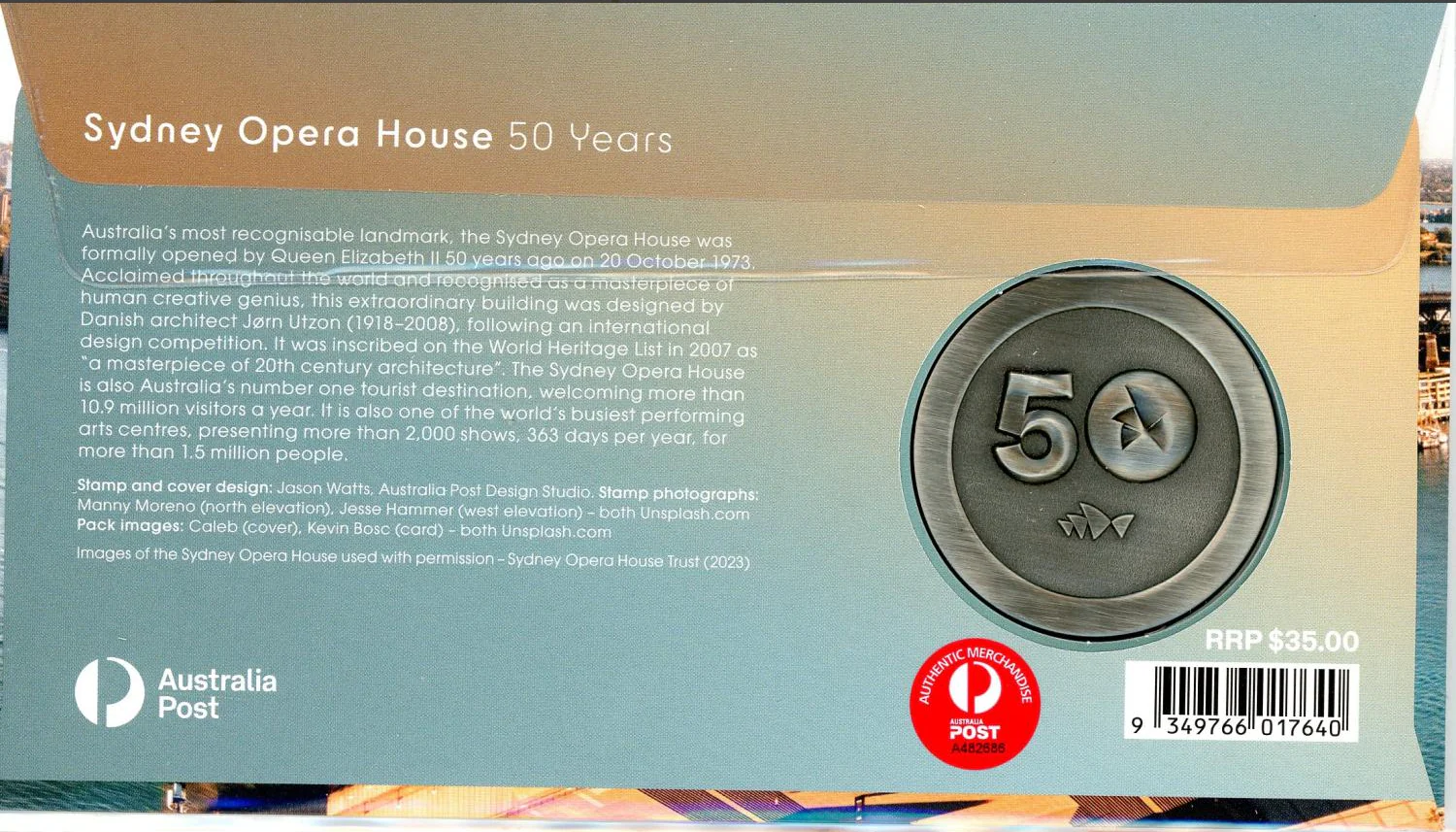 2023 Sydney Opera House Postal Medallion Cover with Opera House Medallion 50 Years - Image 2