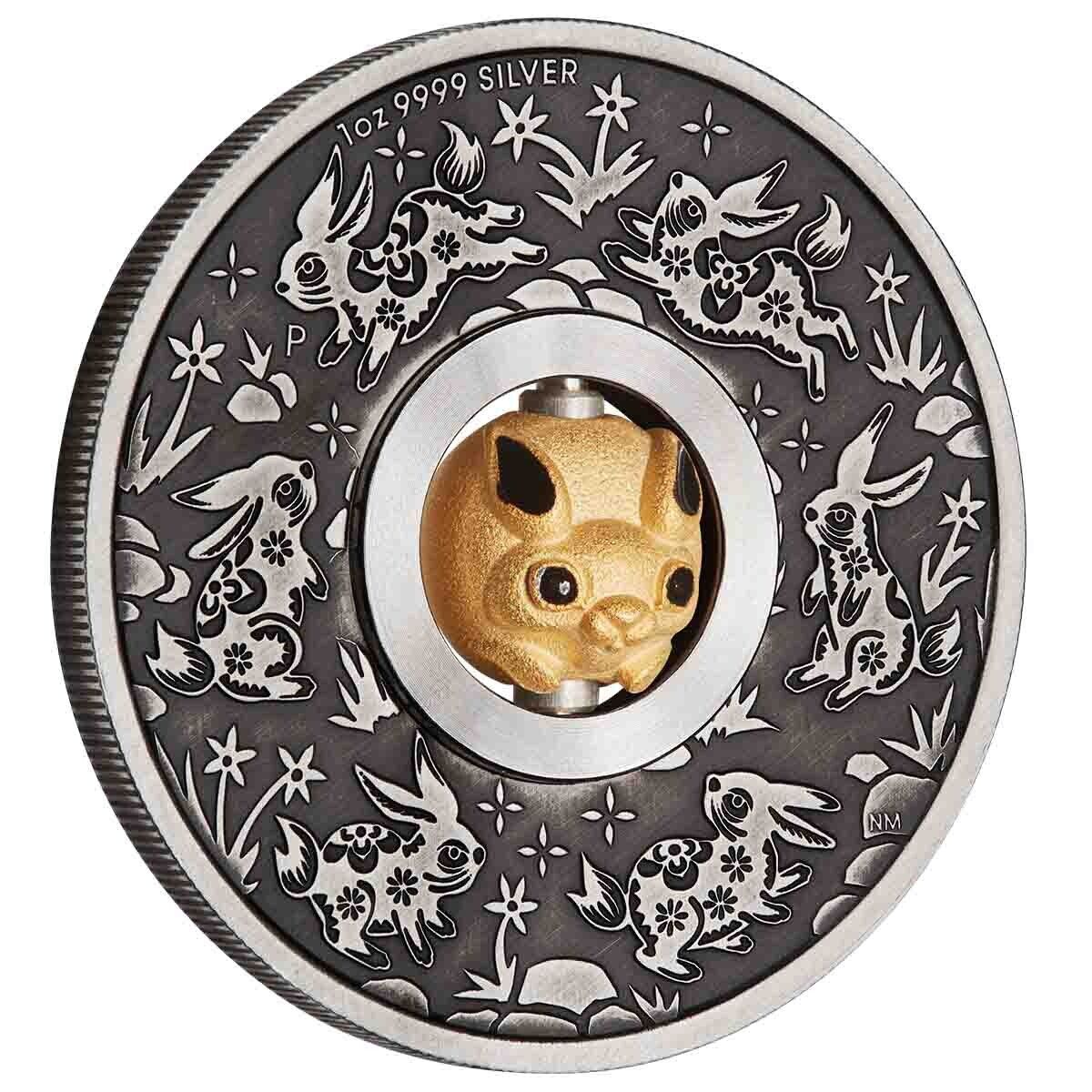 2023 Year of the Rabbit Rotating Charm 1oz Silver Antiqued Coin