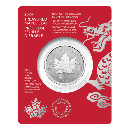 2024 1oz Silver Coin – Treasured Silver Maple Leaf First Strikes: Year of the Dragon Privy Mark