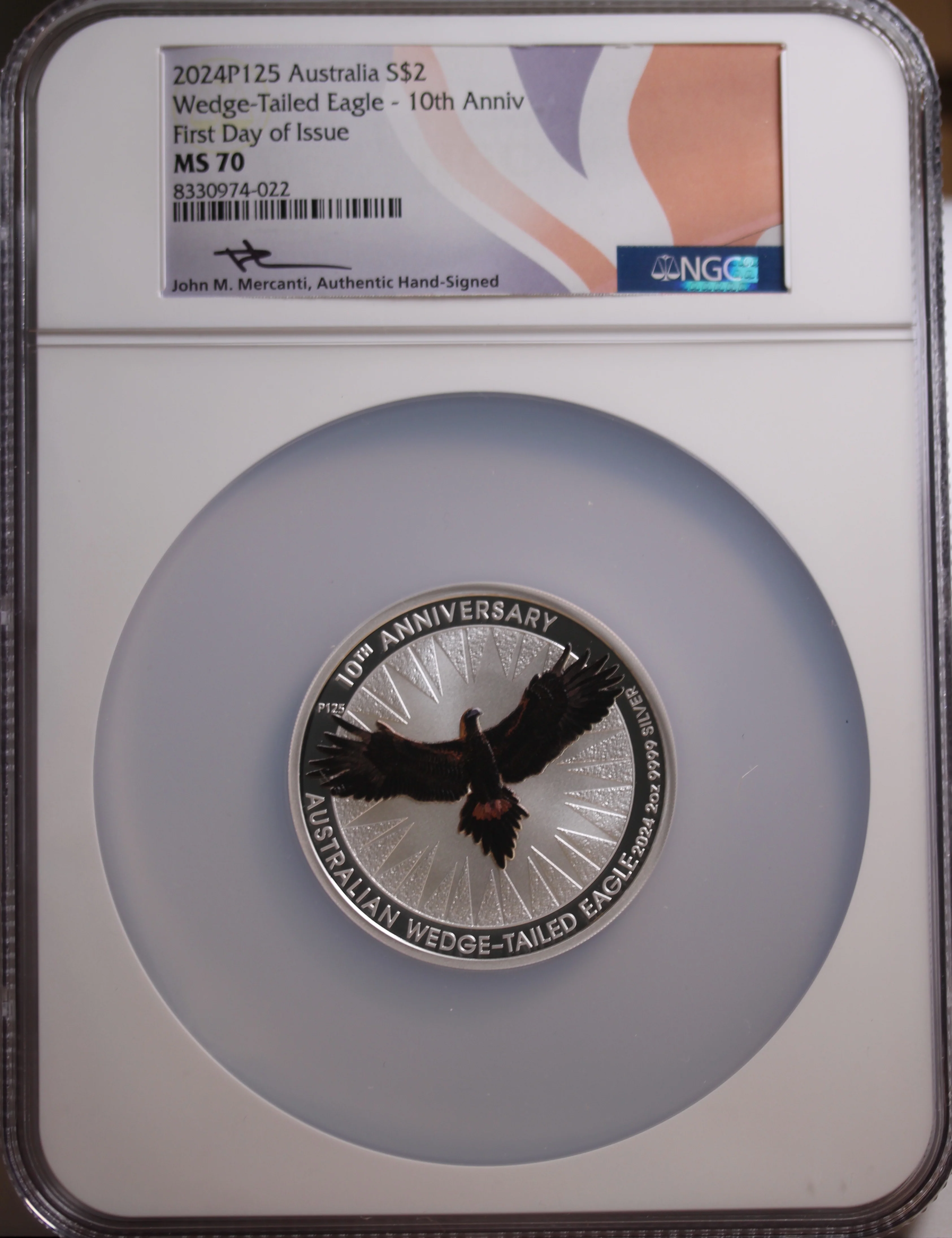2024 $2 Australian Wedge Tailed Eagle 10th Anniversary - 2oz Silver Coloured Coin NGC MS70 w/Mercanti-Signed Flag Label