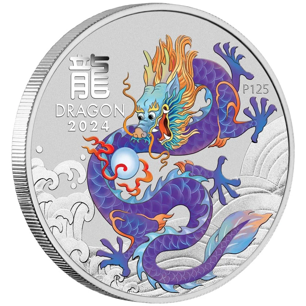 2024 Year of the Dragon 1oz Silver Purple Coloured Coin in Card - Image 2