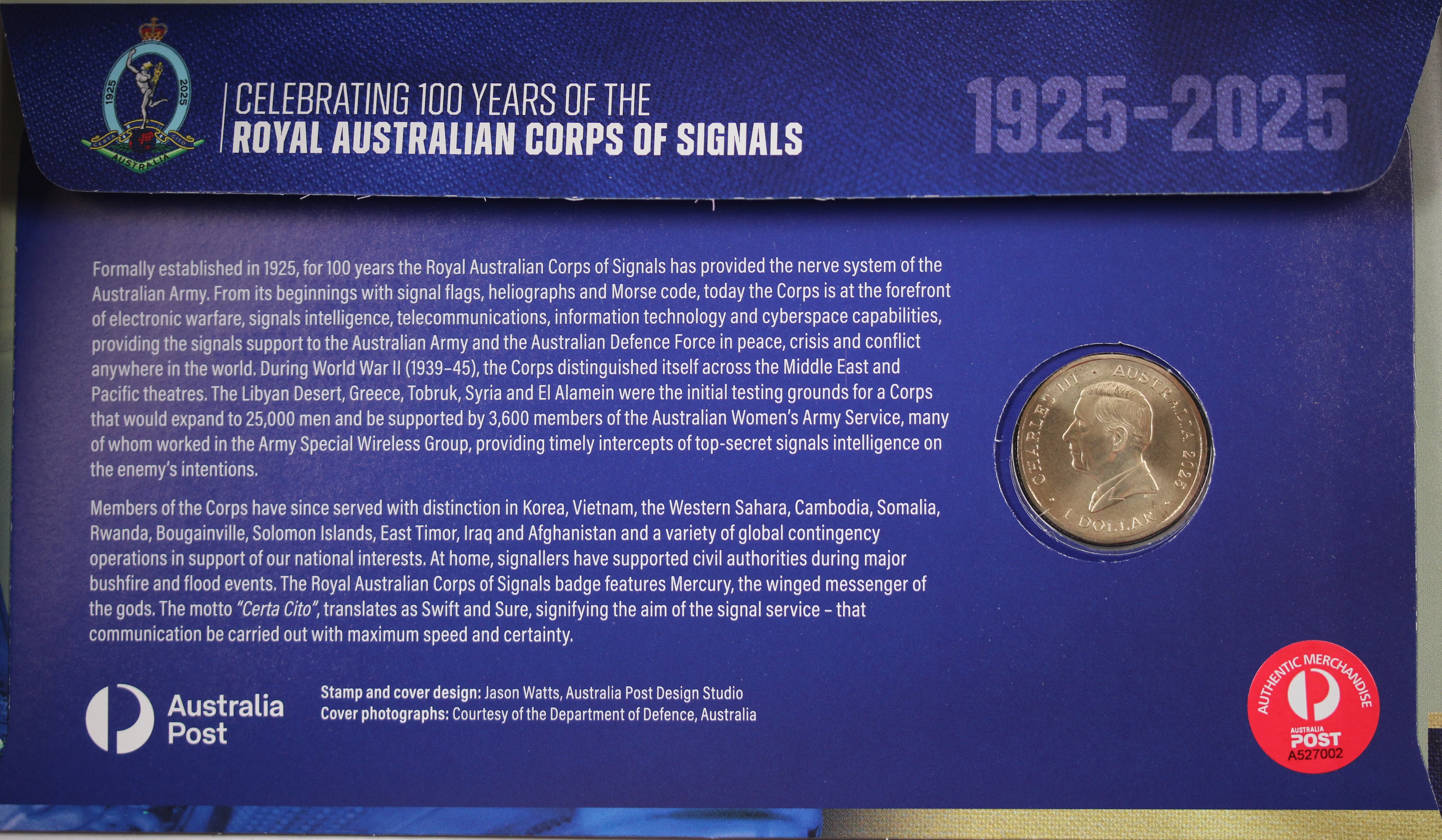 2025 $1 Centenary of Royal Australian Corps of Signals Perth Money Expo Day 2 PNC - Image 2
