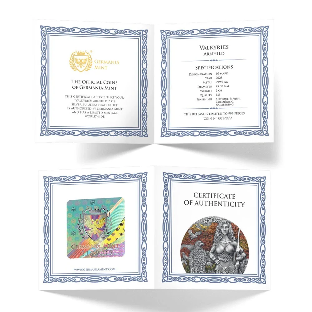 2025 10 Mark Valkyries Arnhild Ultra High Relief Germania Mint 2oz Silver Coin - Image 3