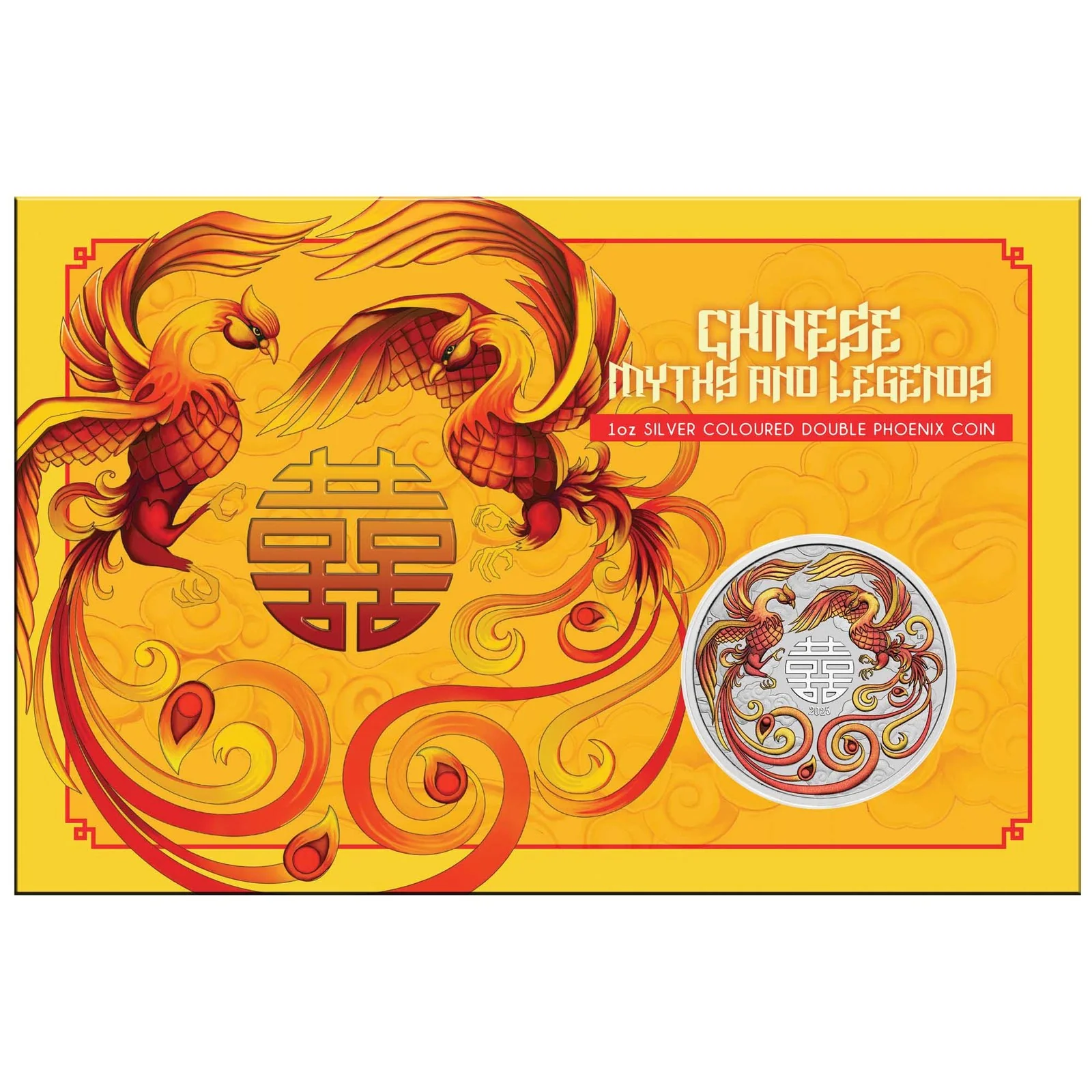 2025 1oz Chinese Myths and Legends Double Phoenix Silver Fire Coloured Coin in Card