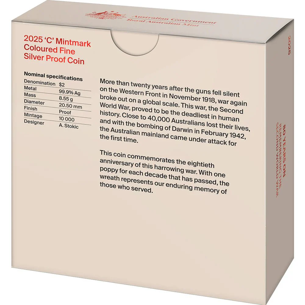 2025 $2 80 Years On: Remembering The Second World War ‘C’ Mintmark Coloured Fine Silver Proof Coin - Image 5