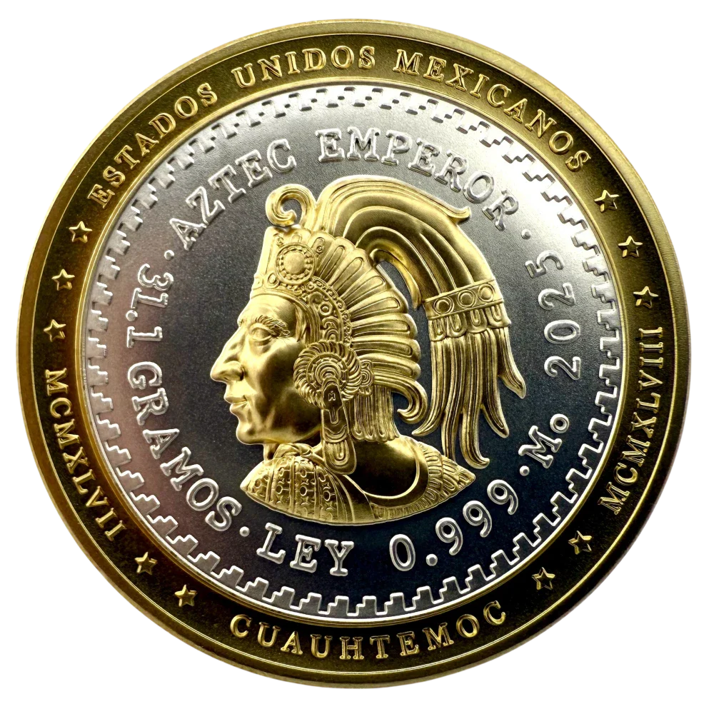 2025 $2 Aztec Emperor Cuauhtemoc Tribute Gold Gilded 1oz Silver Coin