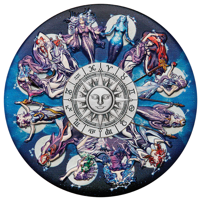 2025 5oz Zodiac Signs and Goddesses Silver Antiqued Coloured Coin