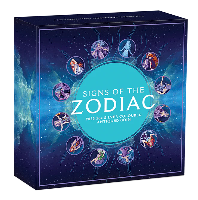 2025 5oz Zodiac Signs and Goddesses Silver Antiqued Coloured Coin - Image 3