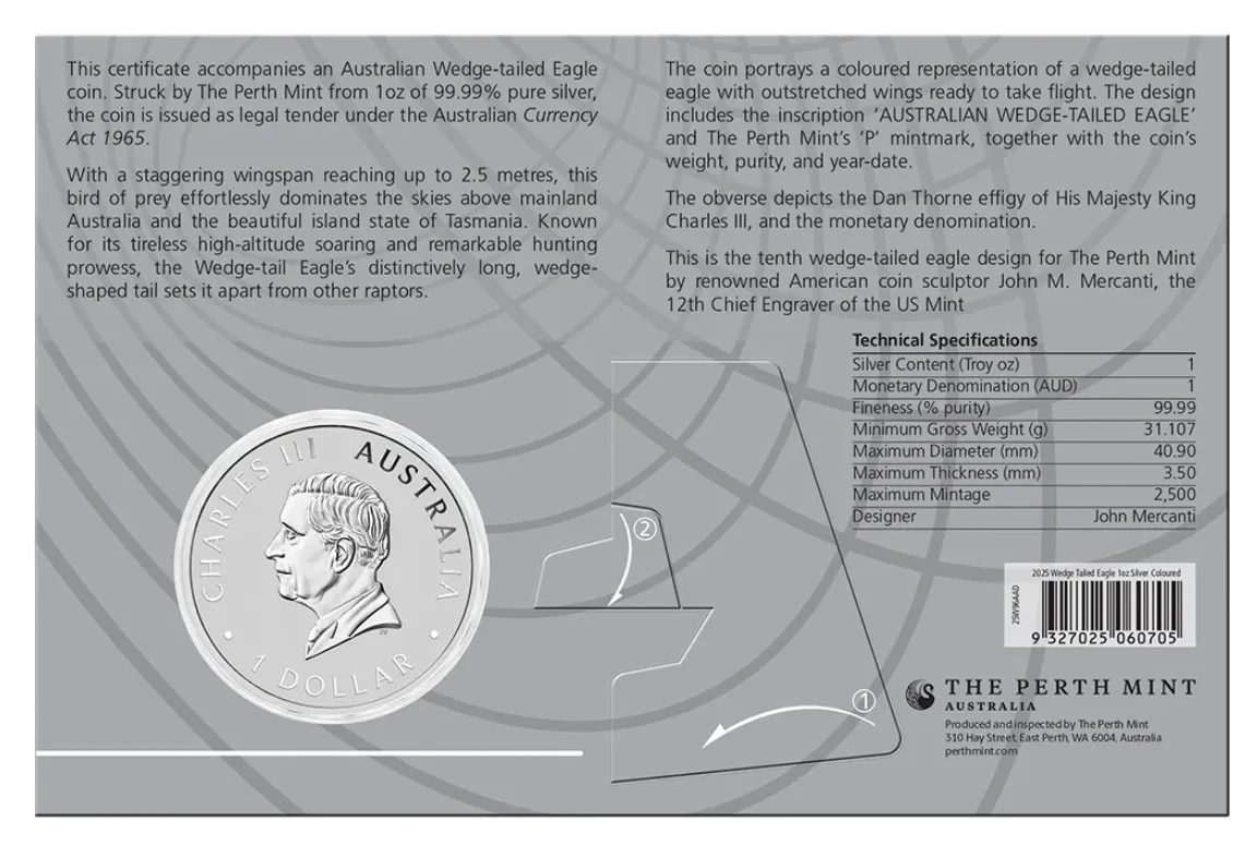2025 Australian Wedge-Tailed Eagle 1oz Silver Coloured Coin In Card - Image 2