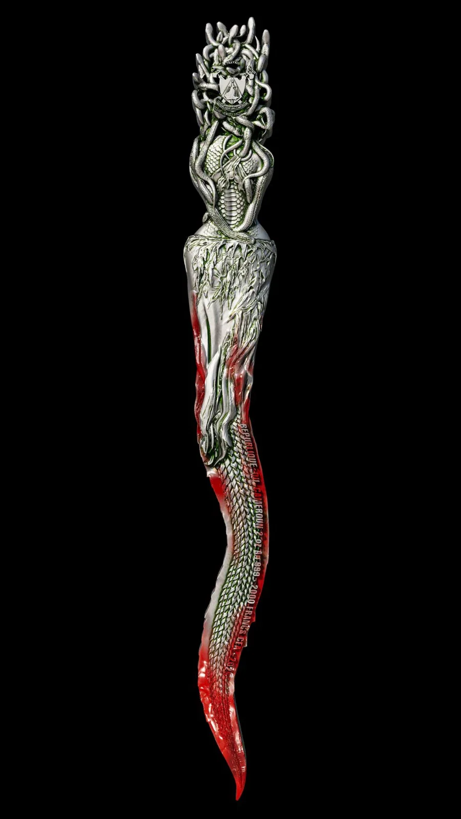 2025 Cameroon Medusa Dagger Antiqued High Relief Crimson Enamel 2oz Silver Coin - Image 2