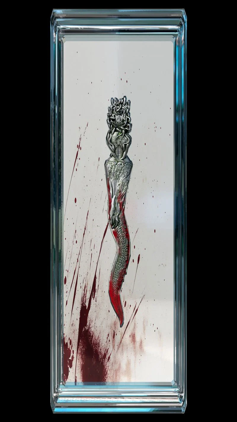 2025 Cameroon Medusa Dagger Antiqued High Relief Crimson Enamel 2oz Silver Coin - Image 4