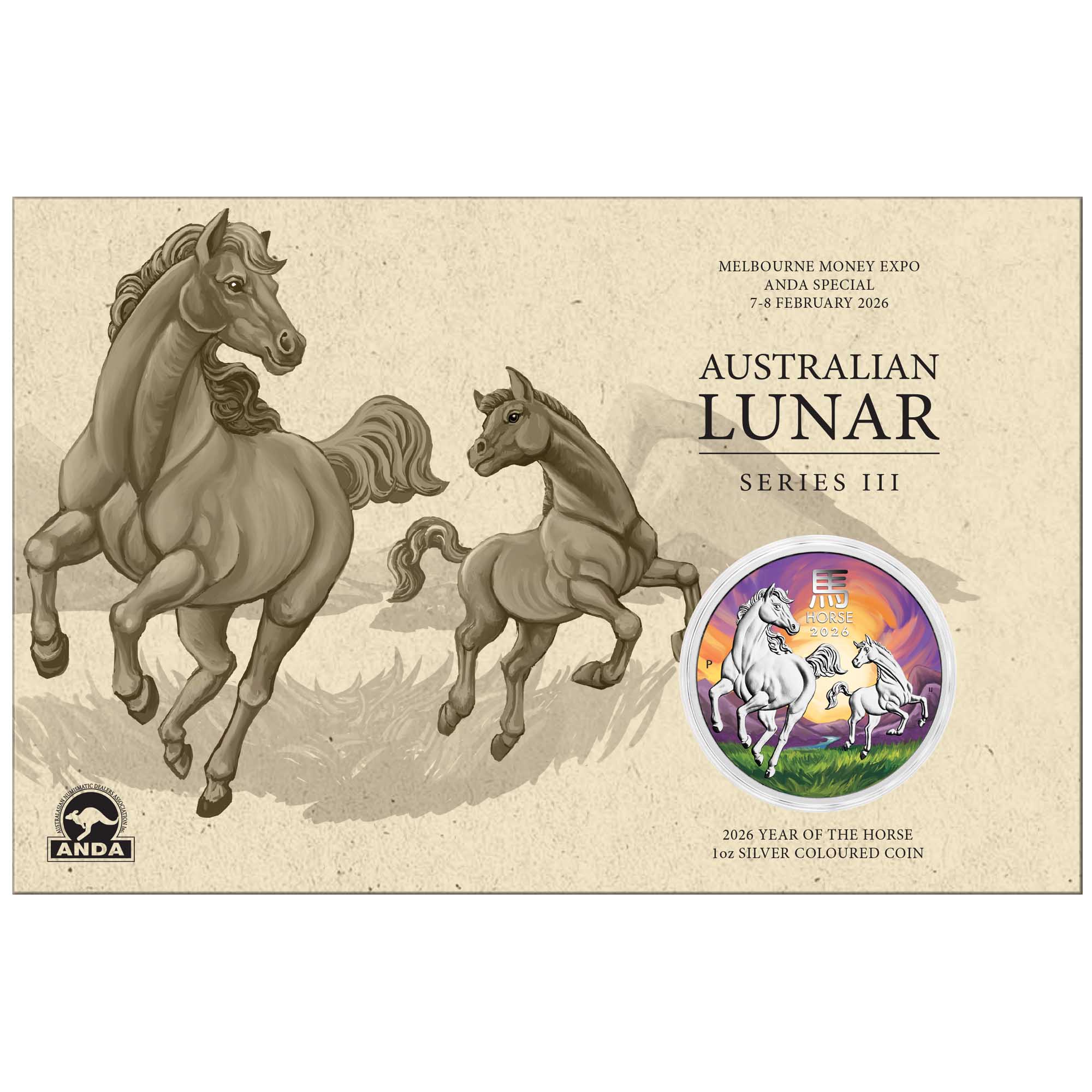 2026 $1 Year of the Horse 1oz Silver Coloured Coin - ANDA Melbourne Money Expo