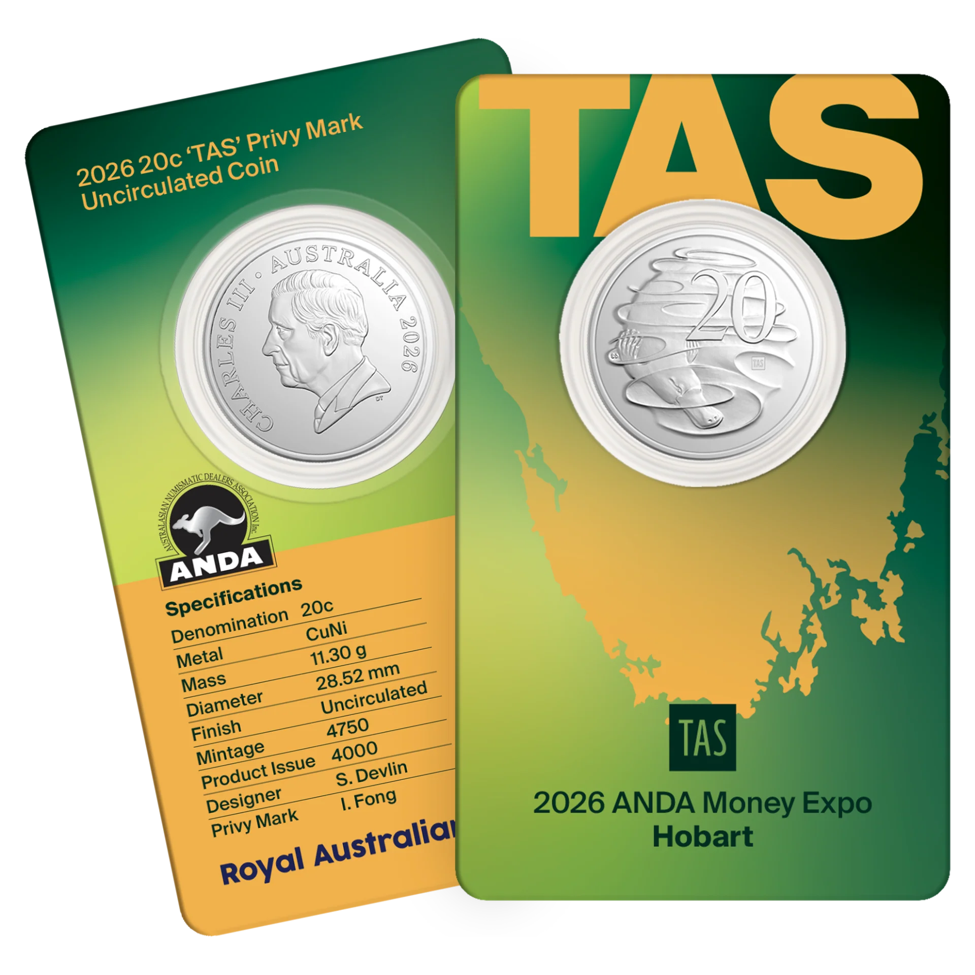 2026 20c Hobart Money Expo ANDA State Series - TAS Privy Mark Coin in Card