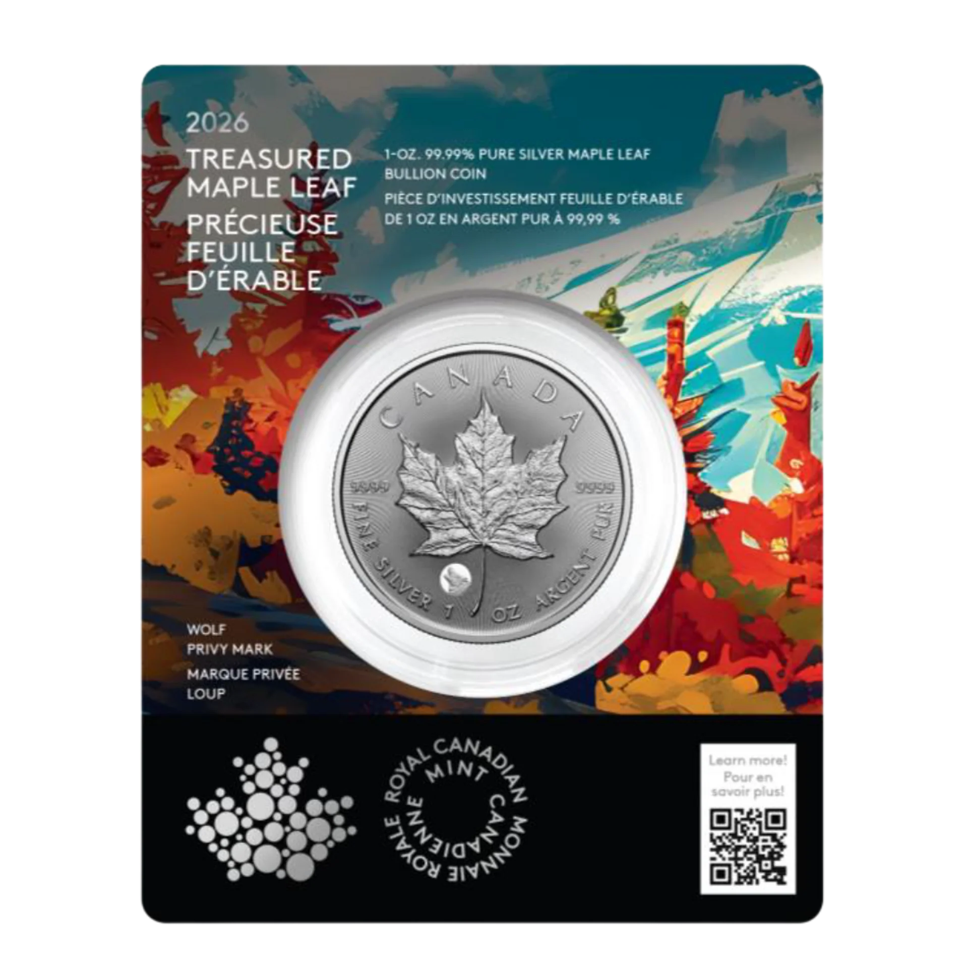 2026 $5 1oz 99.99% Pure Silver Coin - Treasured Silver Maple Leaf: Wolf Privy Mark (Premium Bullion)