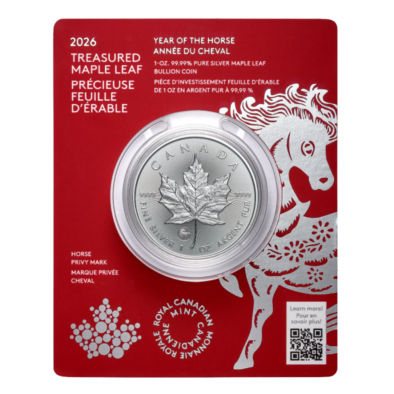 2026 Canada $5 1oz 99.99% Pure Silver Coin - Treasured Silver Maple Leaf: Year of the Horse Privy Mark (Premium Bullion)