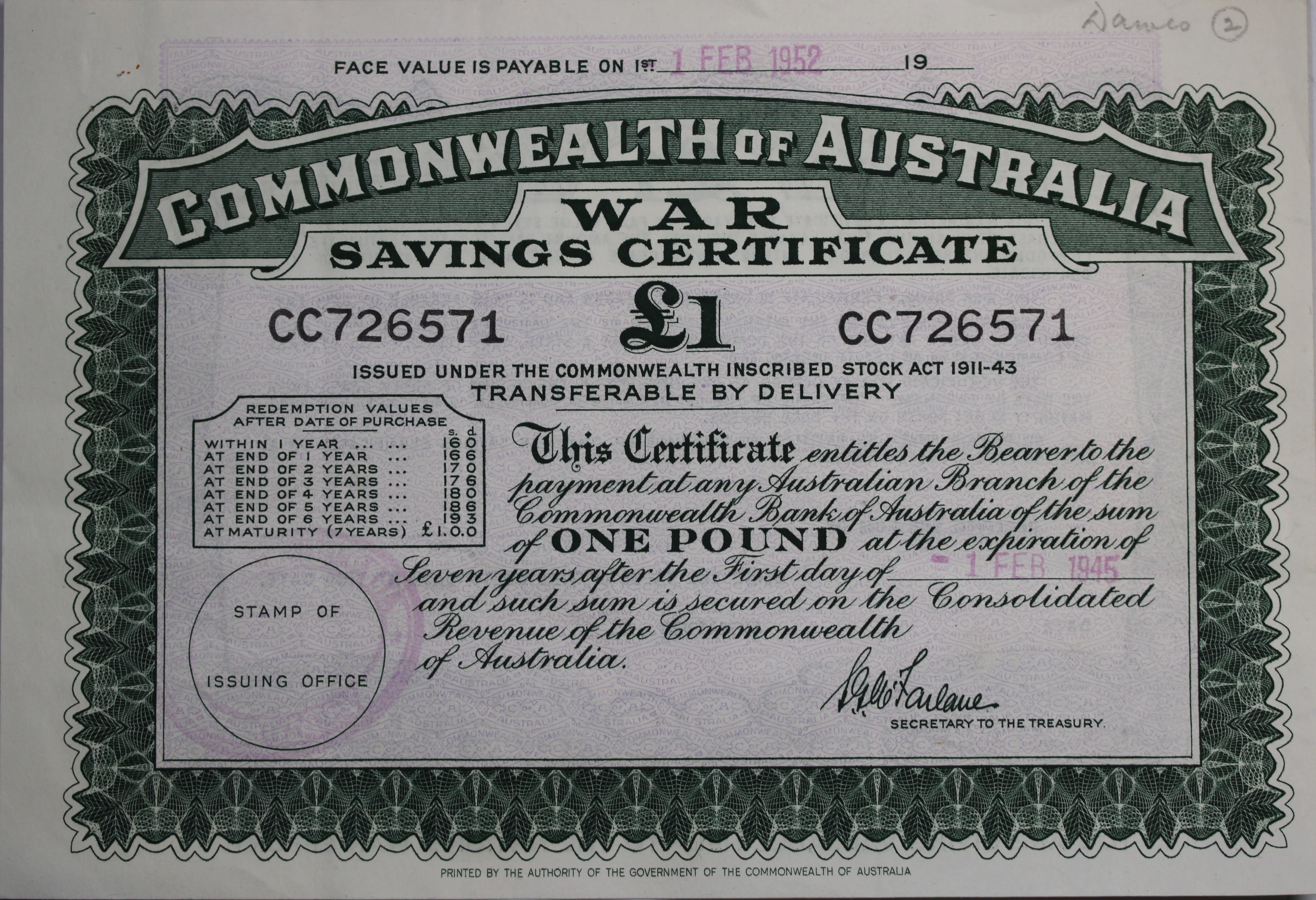 Australia 1945 One Pound War Savings Certificate
