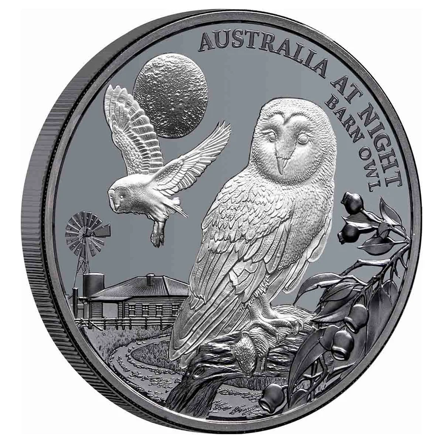 Australia at Night Barn Owl 2022 $1 1oz Silver Black Proof Coin