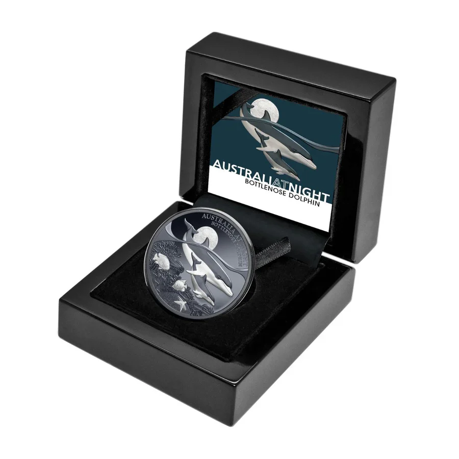 Australia at Night Bottlenose Dolphin 2025 $1 1oz Silver Black Proof Coin - Image 3