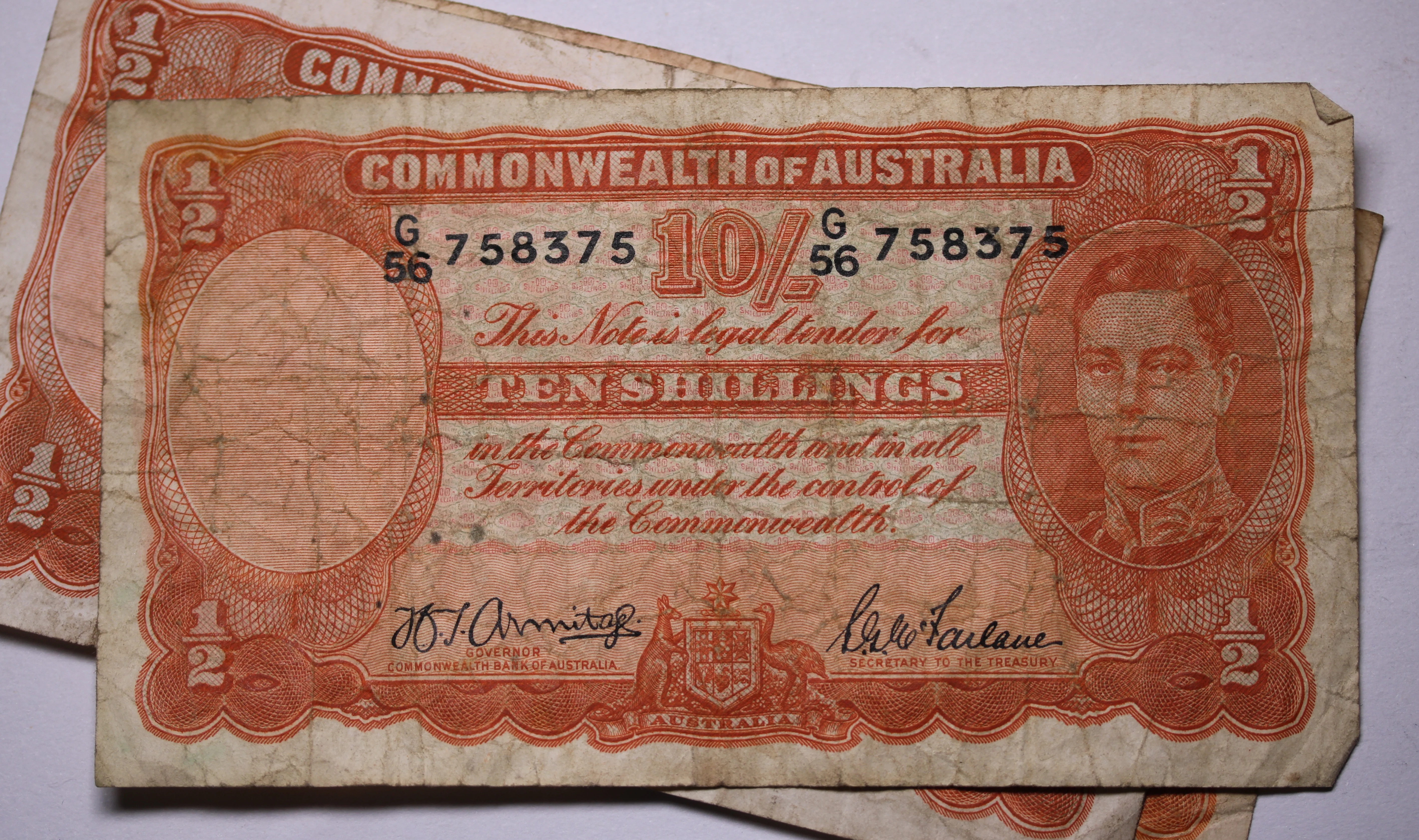 Australian King George VI Ten Shilling Banknote Circulated