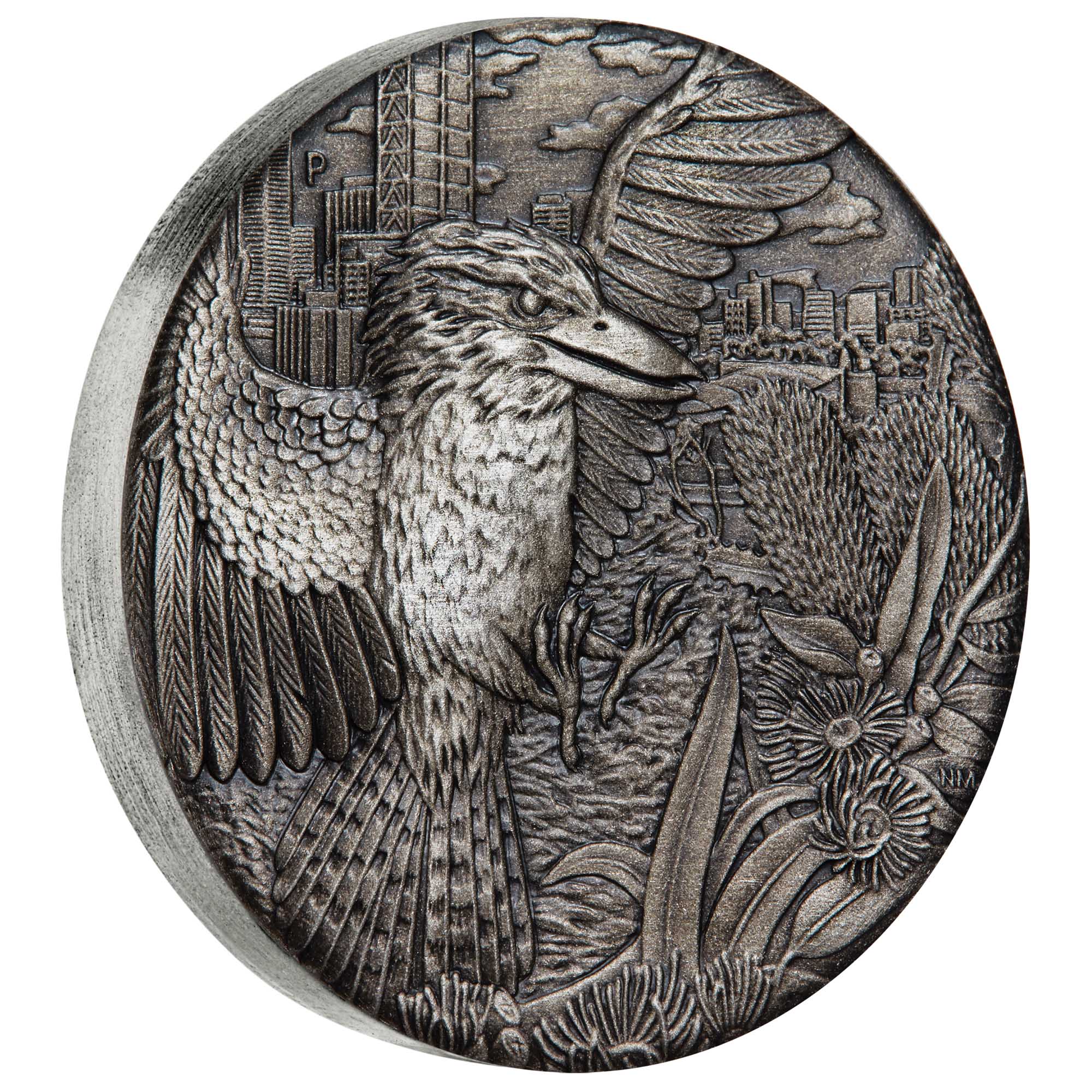 Australian Kookaburra 2018 2oz Silver Antiqued High Relief Rimless Coin