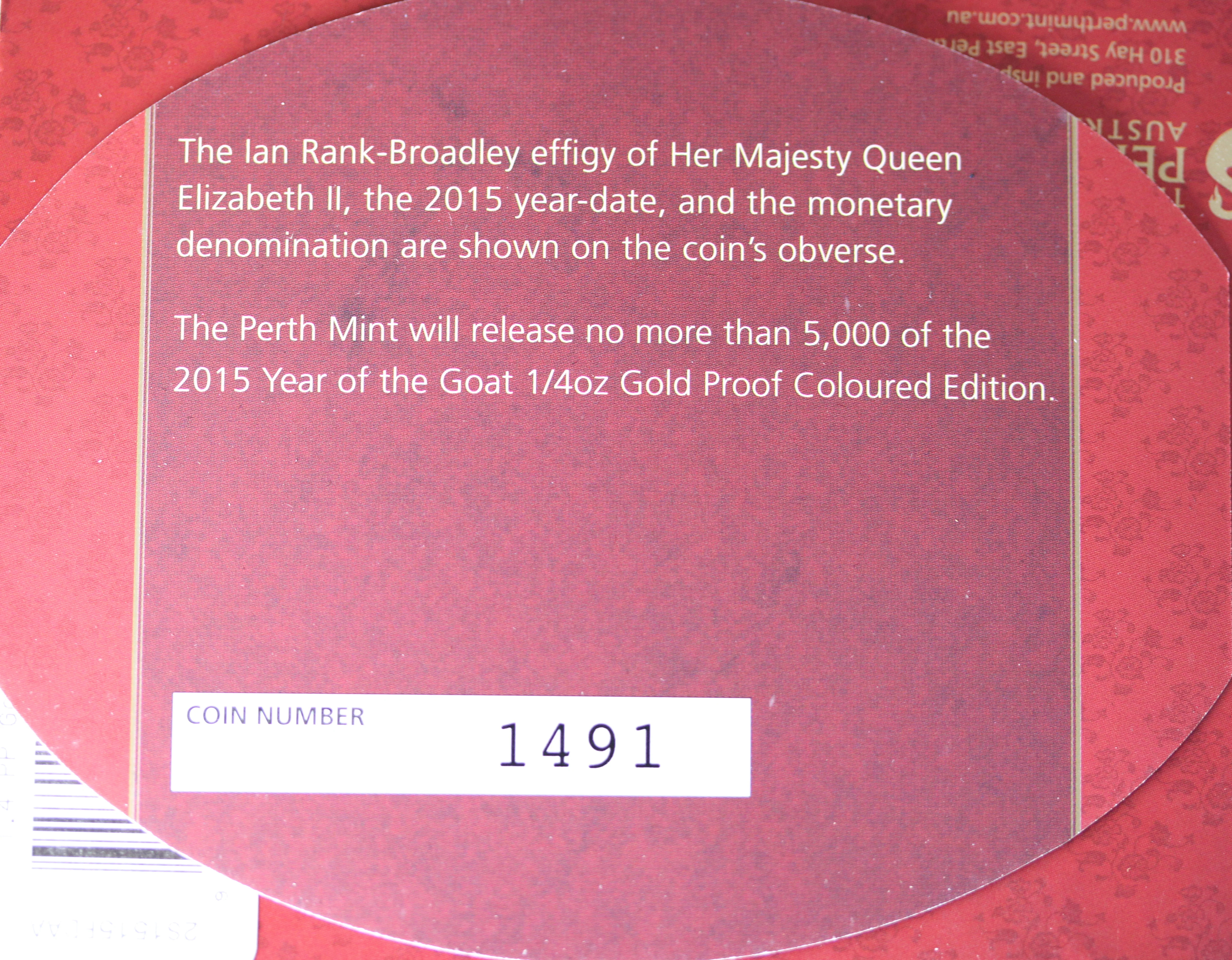 Australian Lunar Series II 2015 Year of the Goat 1/4oz Coloured Gold Proof Coin - Image 4