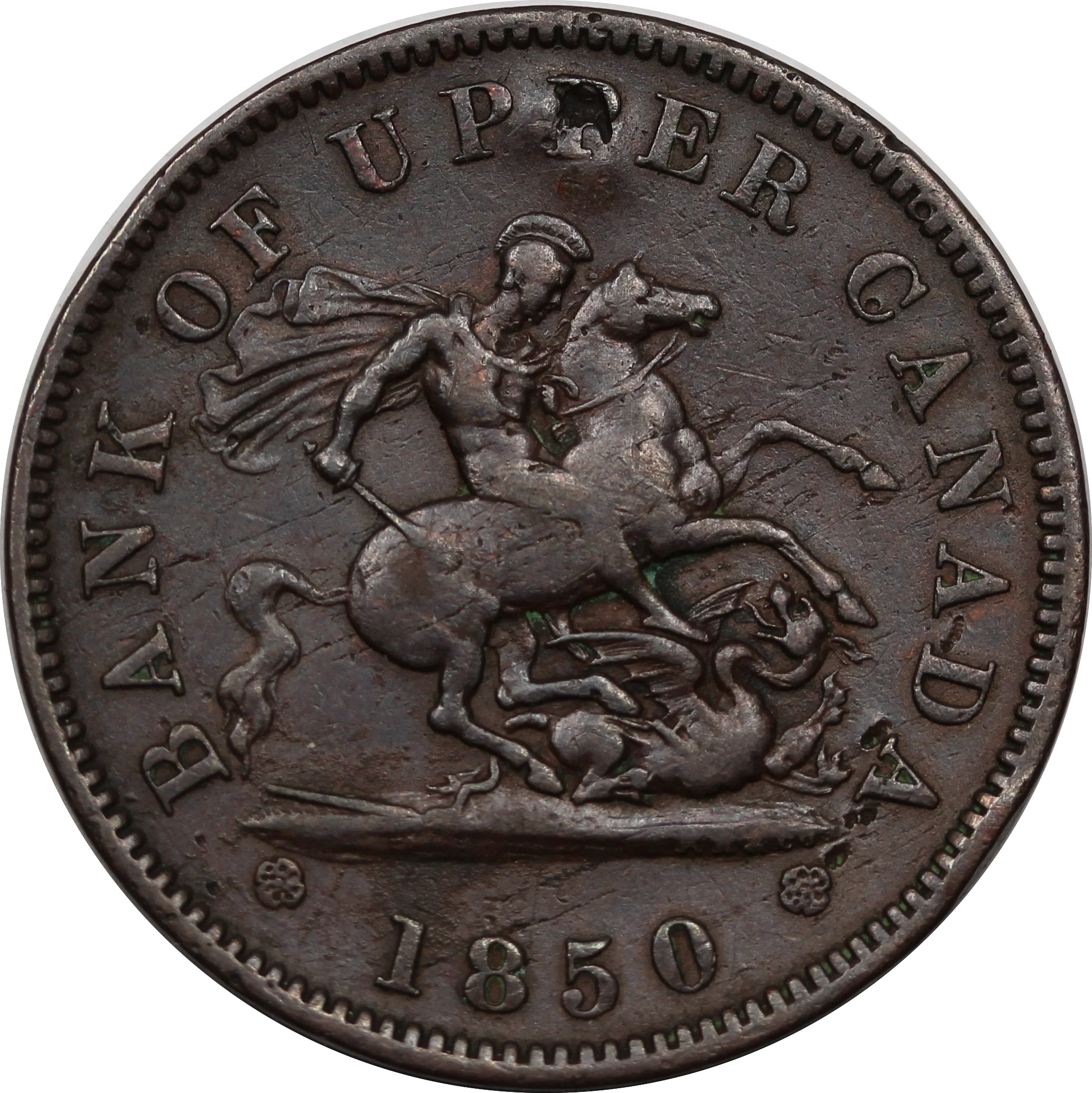 Canada 1850 Penny Token Bank of Upper Canada Fine (Damaged)