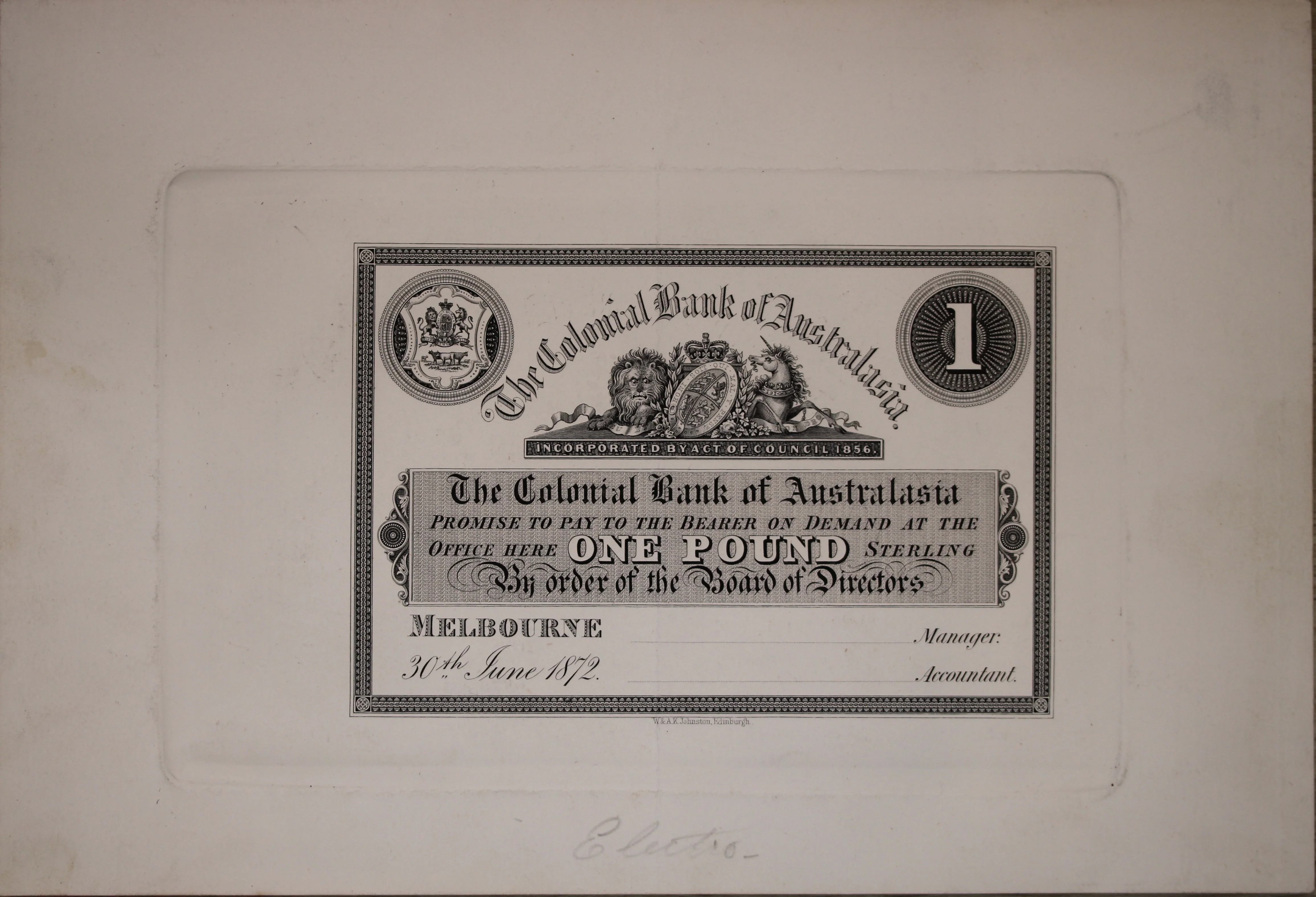 Colonial Bank of Australasia 1872 One Pound Plate Trial