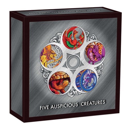 Five Auspicious Creatures 2024 5oz Silver Antiqued Coloured Coin - Image 4