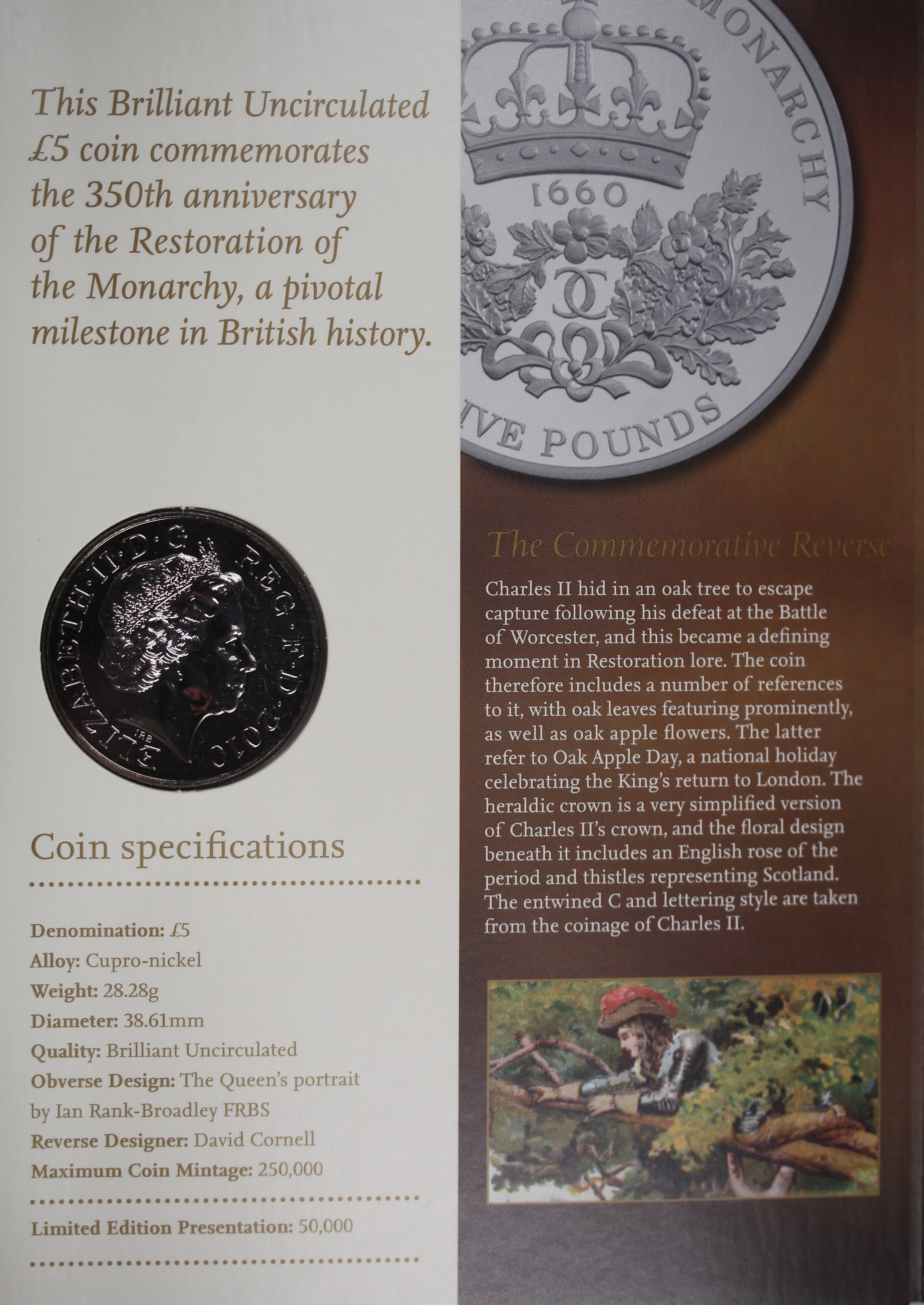 GB 2010 Restoration of the Monarchy 5 Pound BU Coin - Image 3