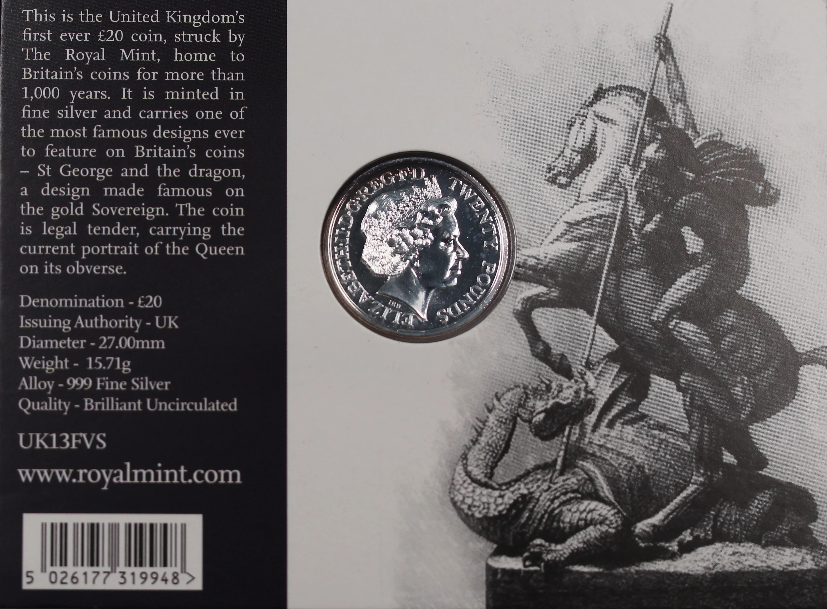 GB 2013 George and the Dragon 20 Pound Silver Coin - Image 2