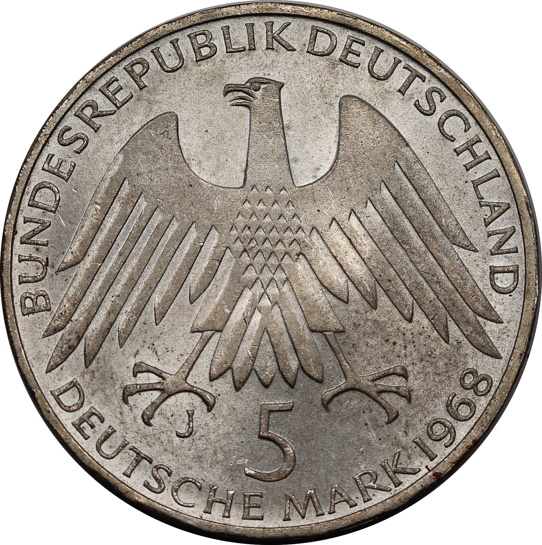 Germany 1968J (Hamburg Mint) 5 Mark 150th Ann. Fredrich Wilhelm Raiffeisen UNC - Image 2
