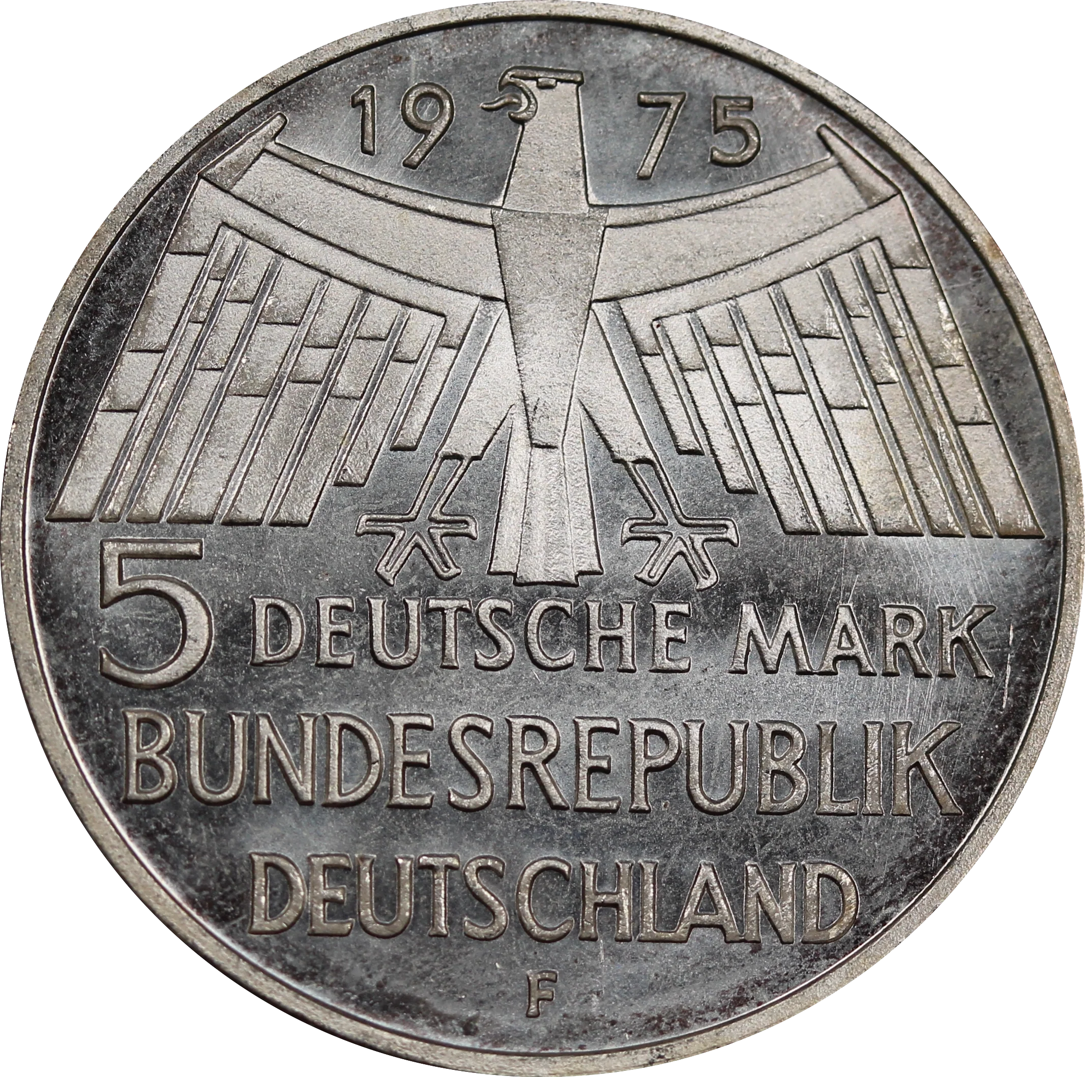 Germany 1975F (Stuttgart Mint) 5 Mark European Monument Protection Year UNC - Image 2