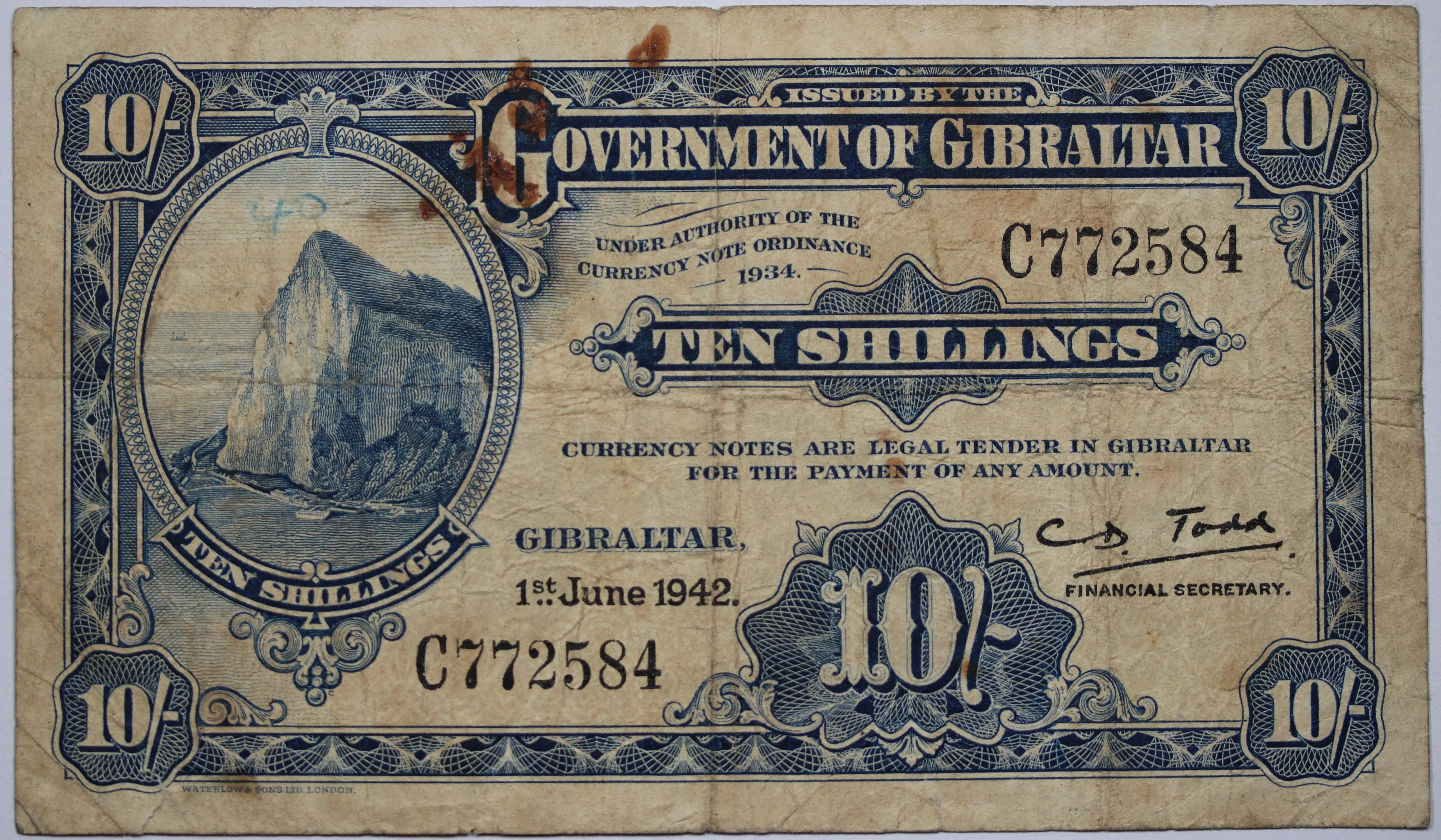 Gibraltar 1942 Ten Shilling and 1971 One Pound Note Pair Circulated - Image 4