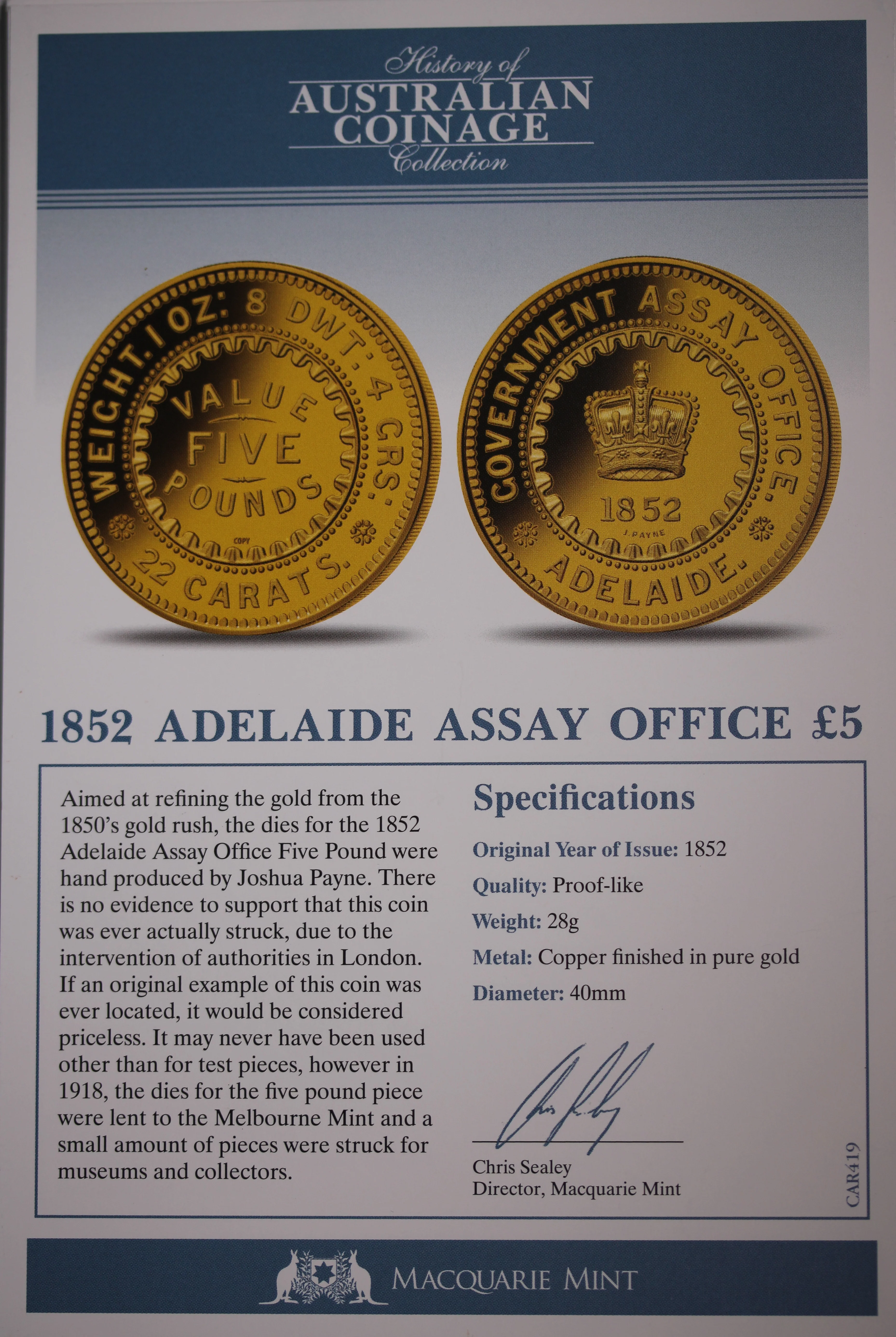 History of Australian Coinage 1852 Adelaide Assay Office £5 - Image 2