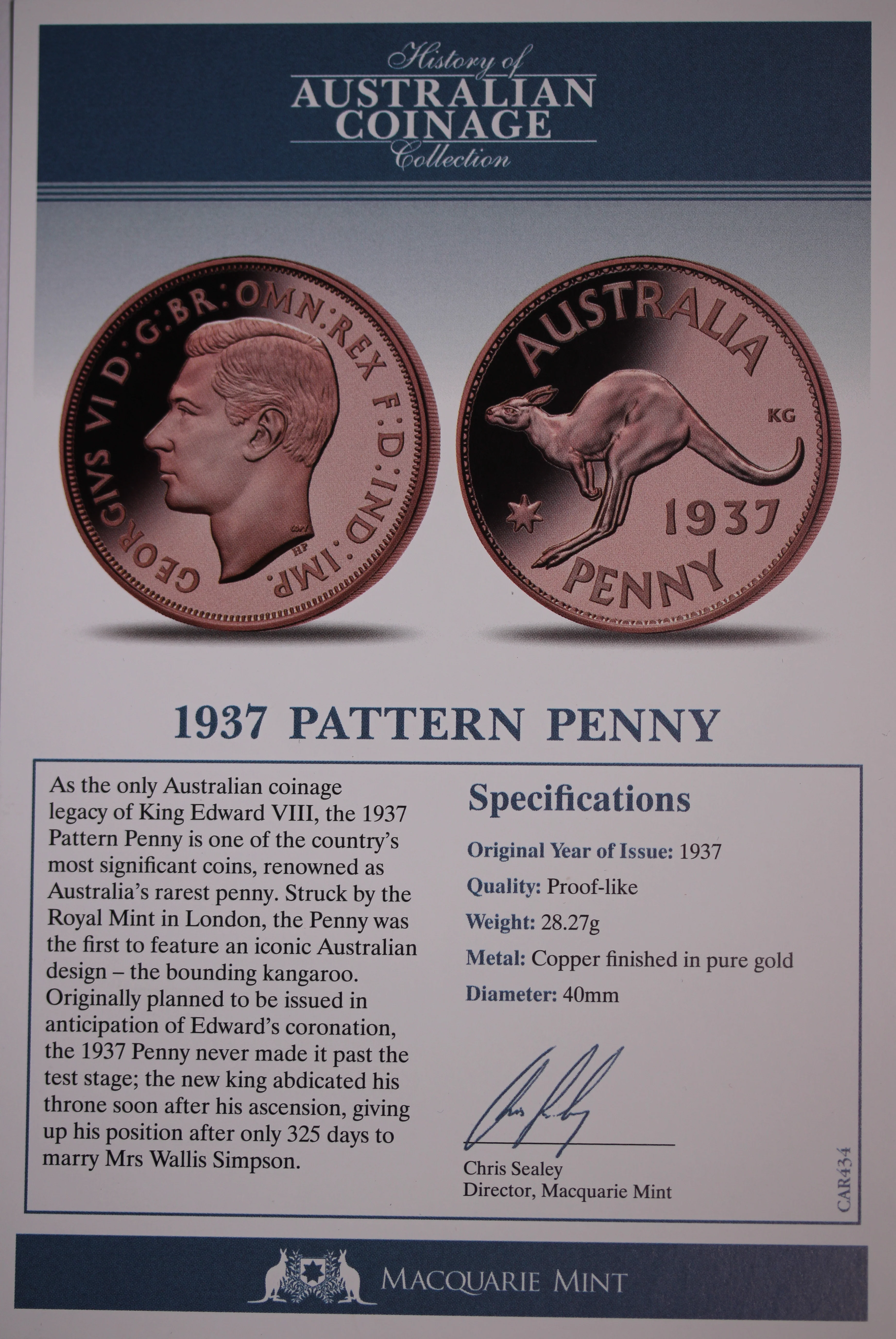 History of Australian Coinage 1937 Pattern Penny - Image 2
