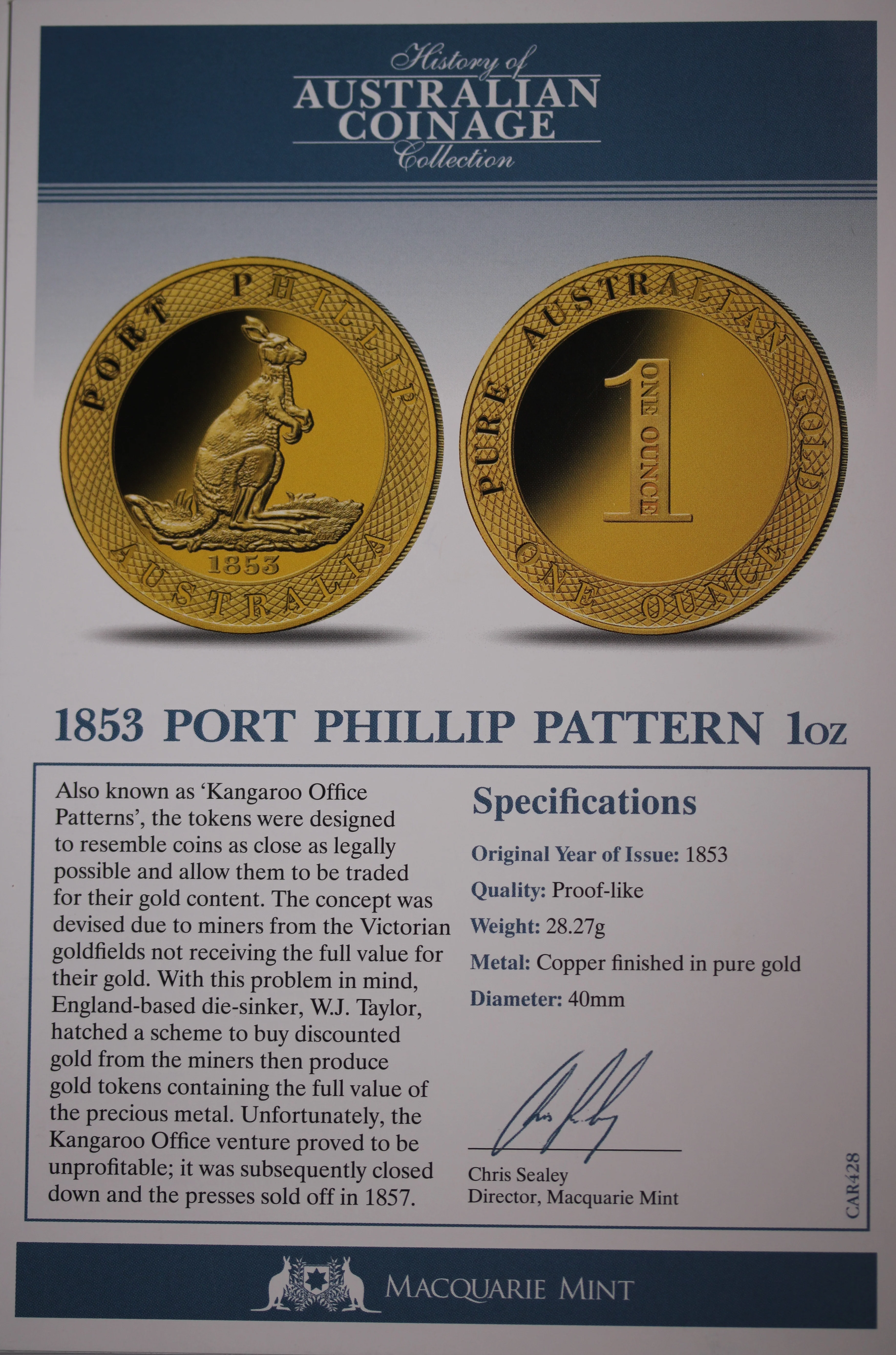 History of Australian Coinage 1853 Port Phillip Pattern 1oz - Image 2